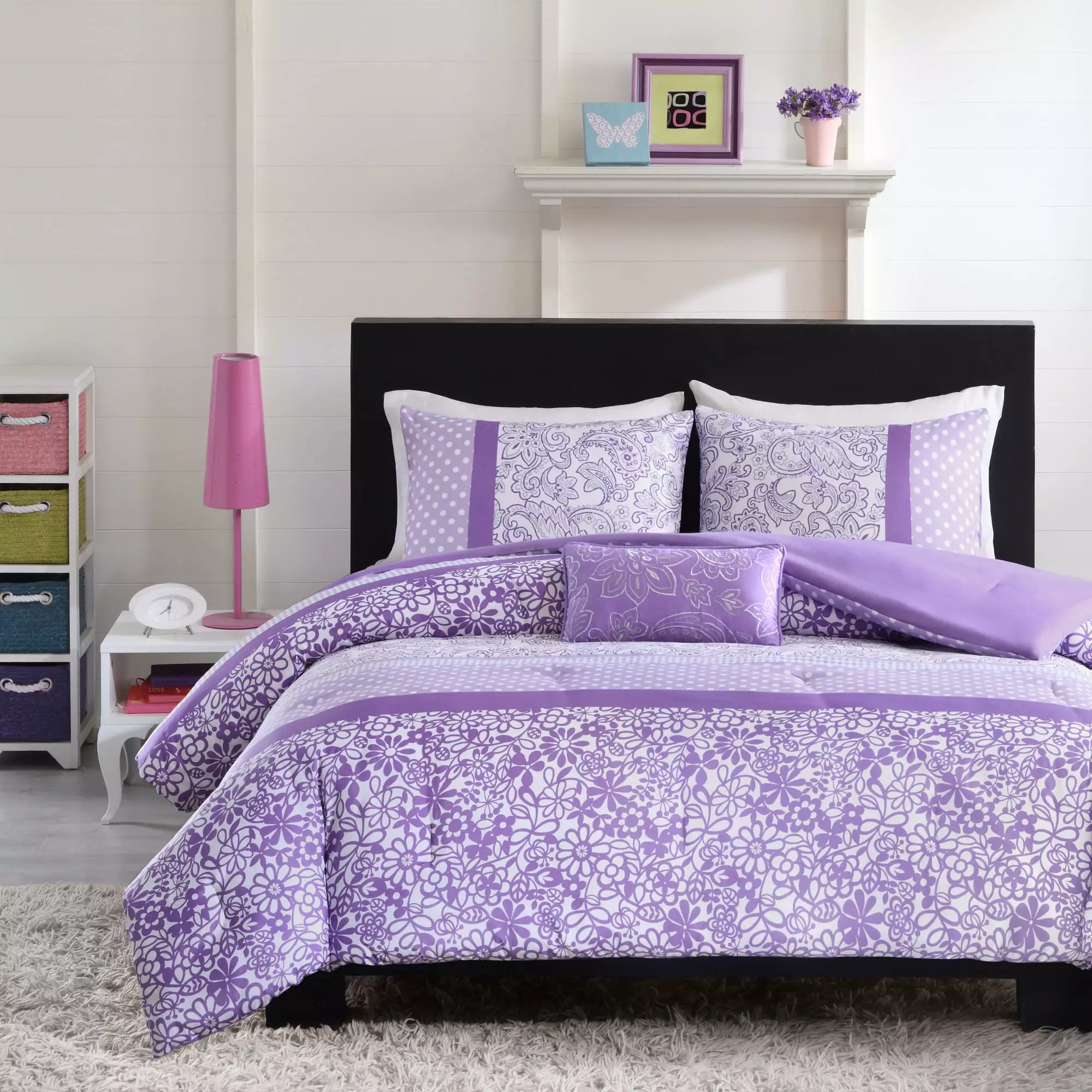 Home Essence Teen Angela Purple Dot Floral 4 Piece Comforter Set. Full/Queen