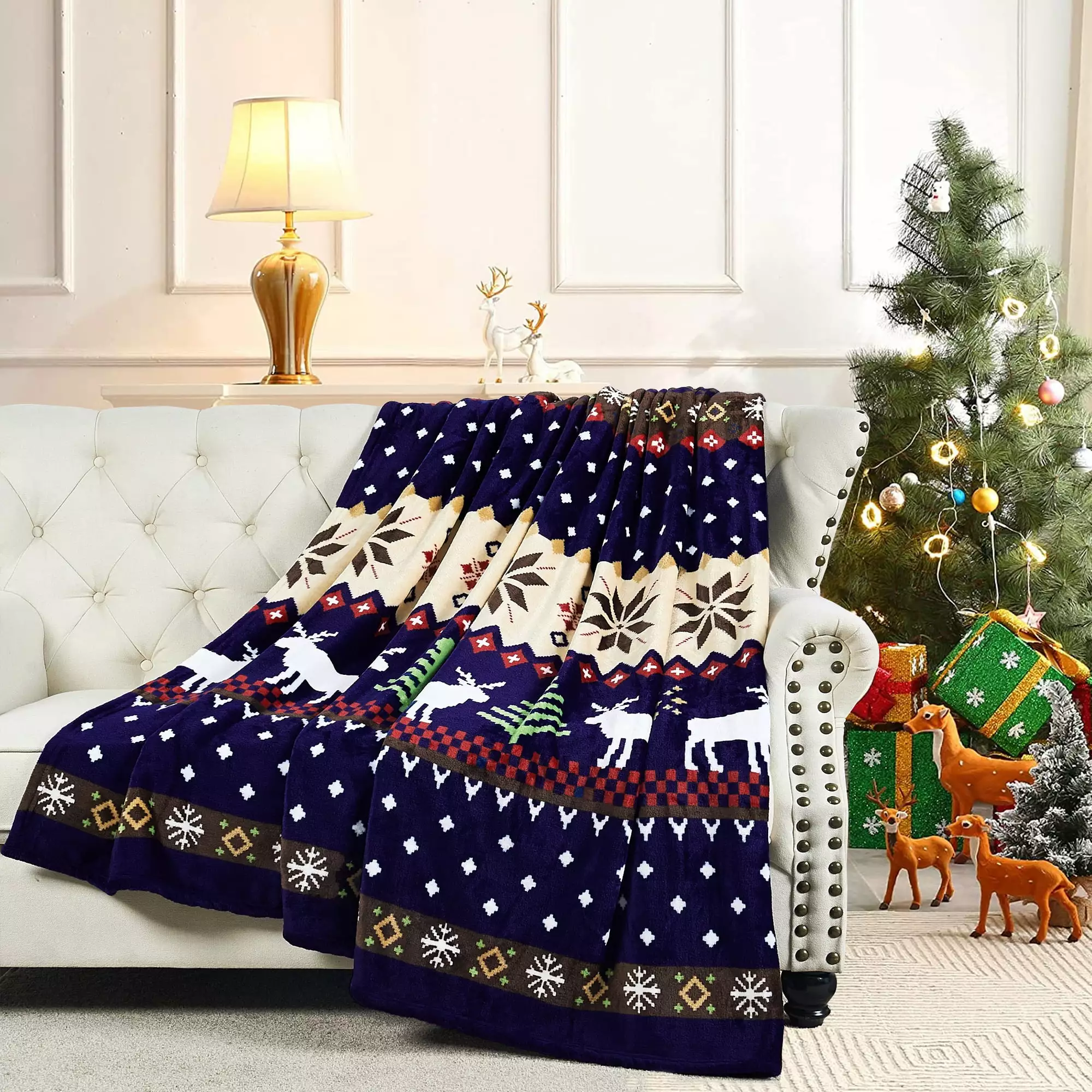 Home Soft Things Christmas Printed Flannel Fleece Blanket - Blue Christmas Deer - Queen (90 x 90)