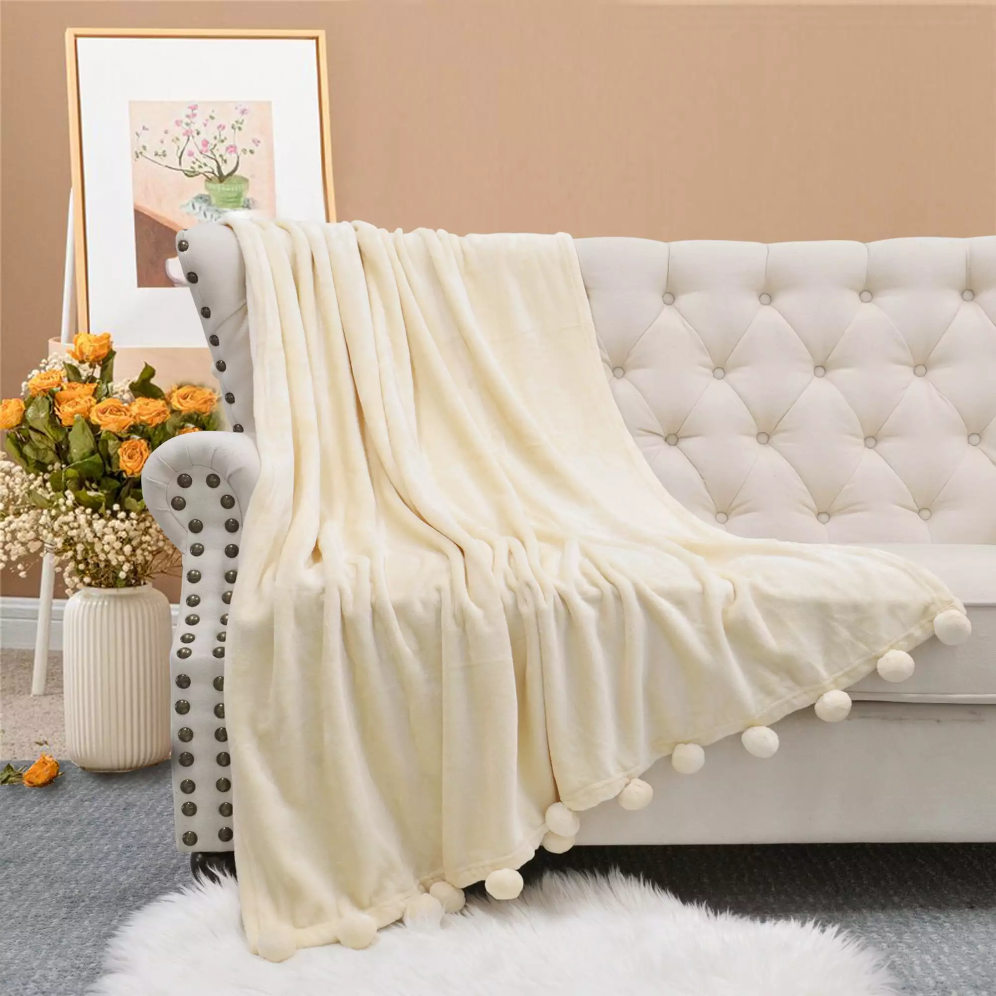 Home Soft Things Pompom Throw - Antique White - 60 x 80 Jumbo