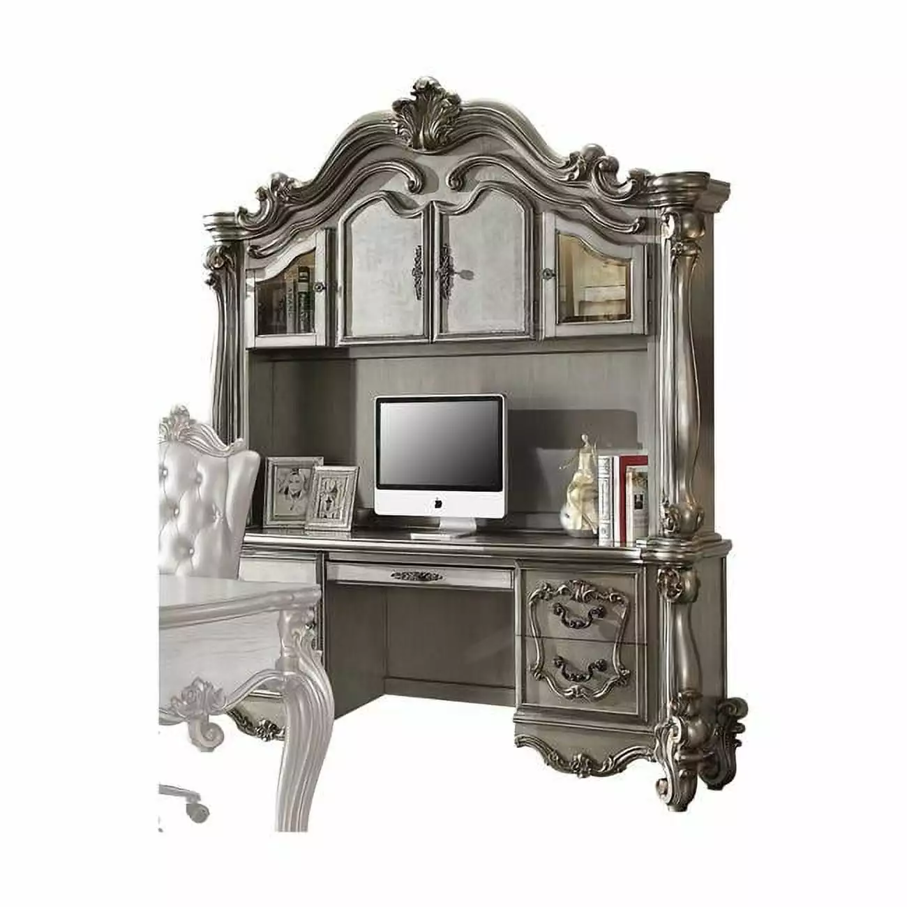 HomeRoots 348665 21 x 76 x 92 in. Antique Platinum Wood Poly Resin Glass Computer Desk & Hutch