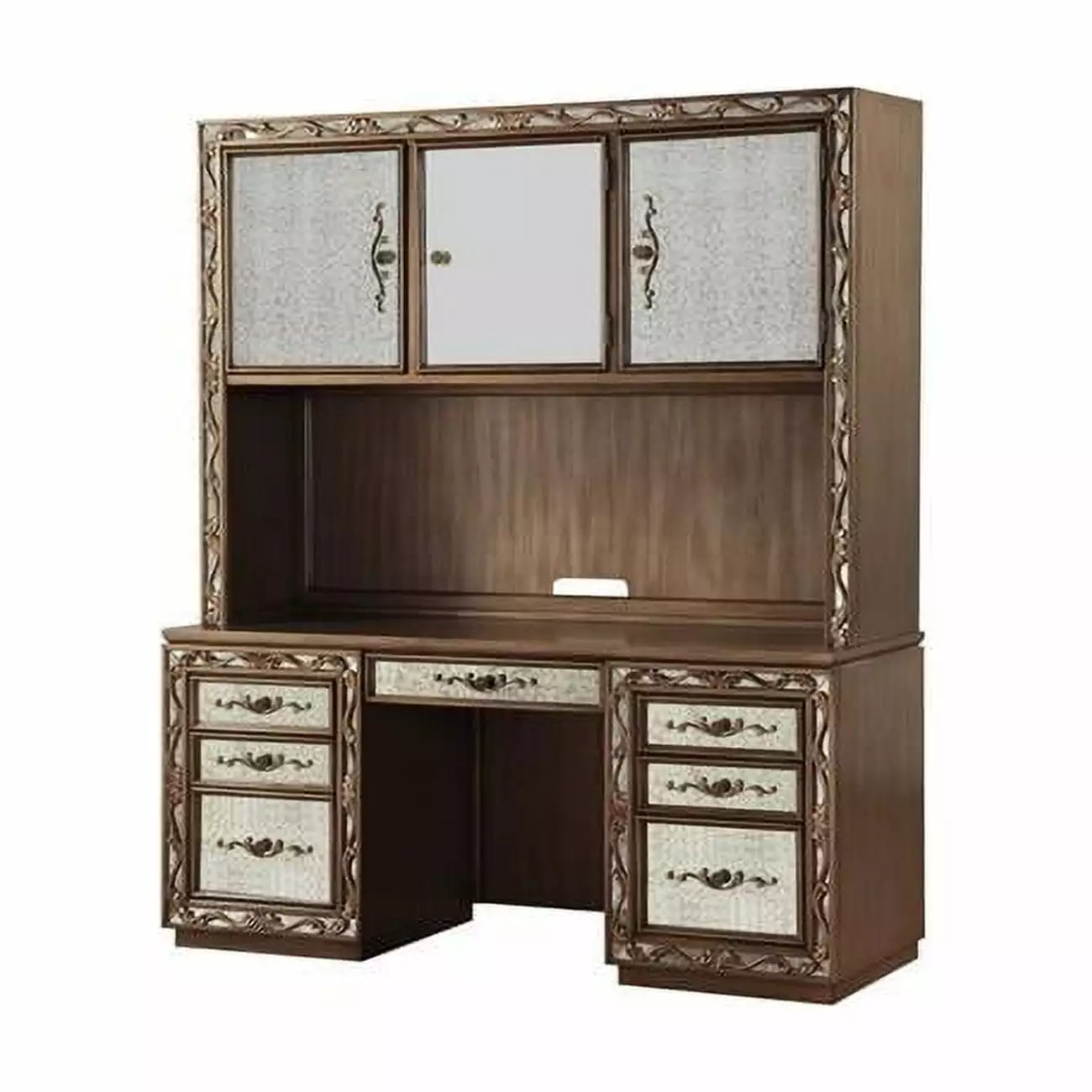 HomeRoots 348666 24 x 66 x 78 in. Antique Gold Wood Glass Mirror Computer Desk & Hutch