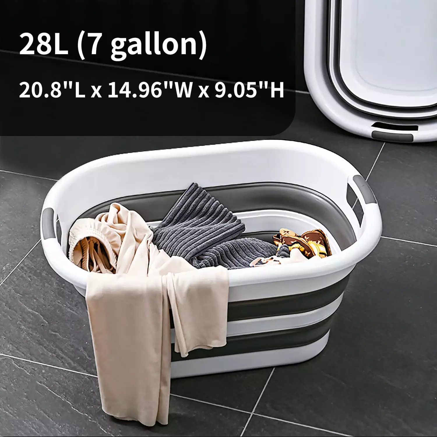 Homeika 28L (7 Gallon) Collapsible Plastic Laundry Basket - Foldable Pop up Storage Container/Organizer - Portable Washing Tub - Space Saving Hamper/Basket .White/Gray