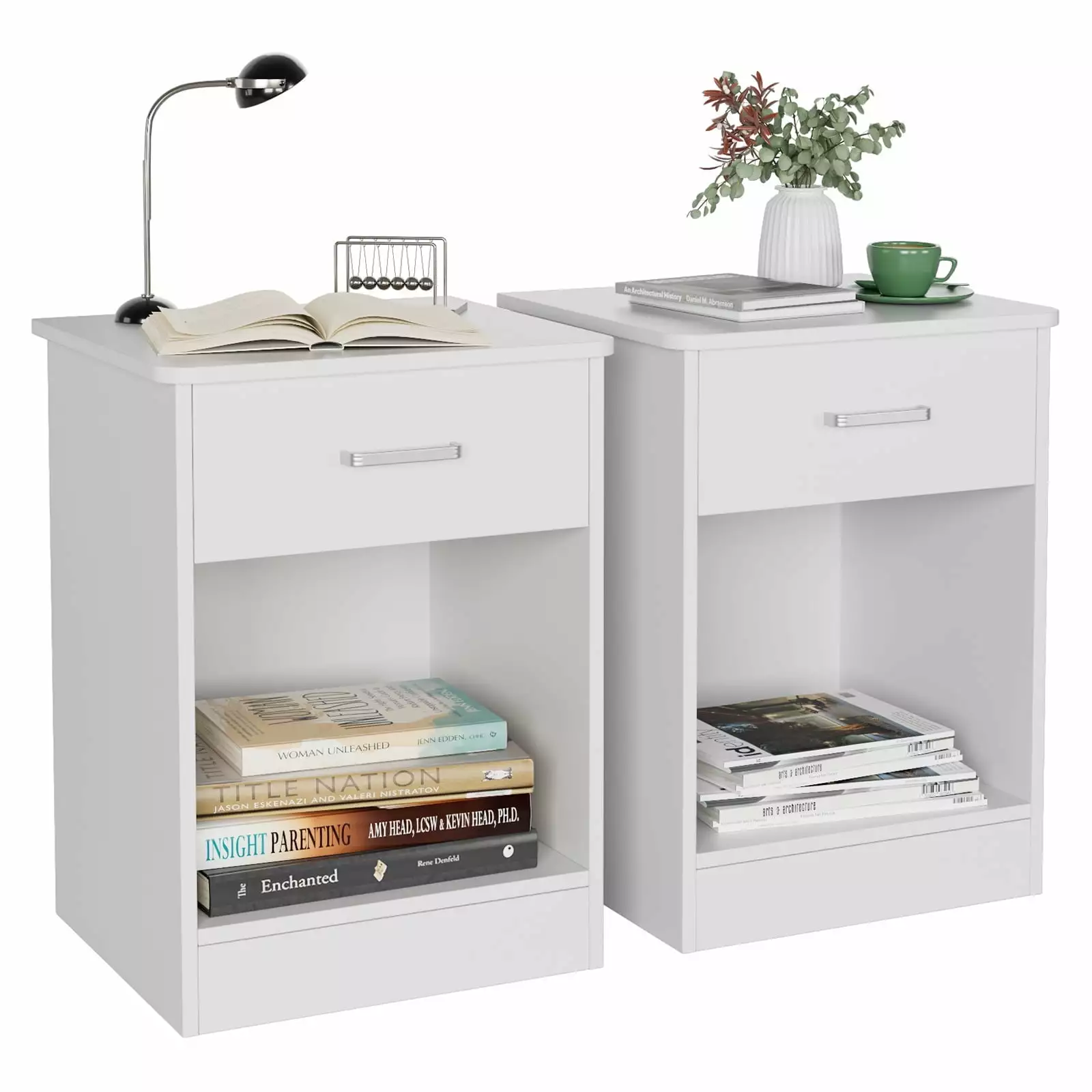 Homfa 2-Tier Nightstand with Drawer & Storage Shelf. Side End Table for Bedroom Living Room Set of 2. White