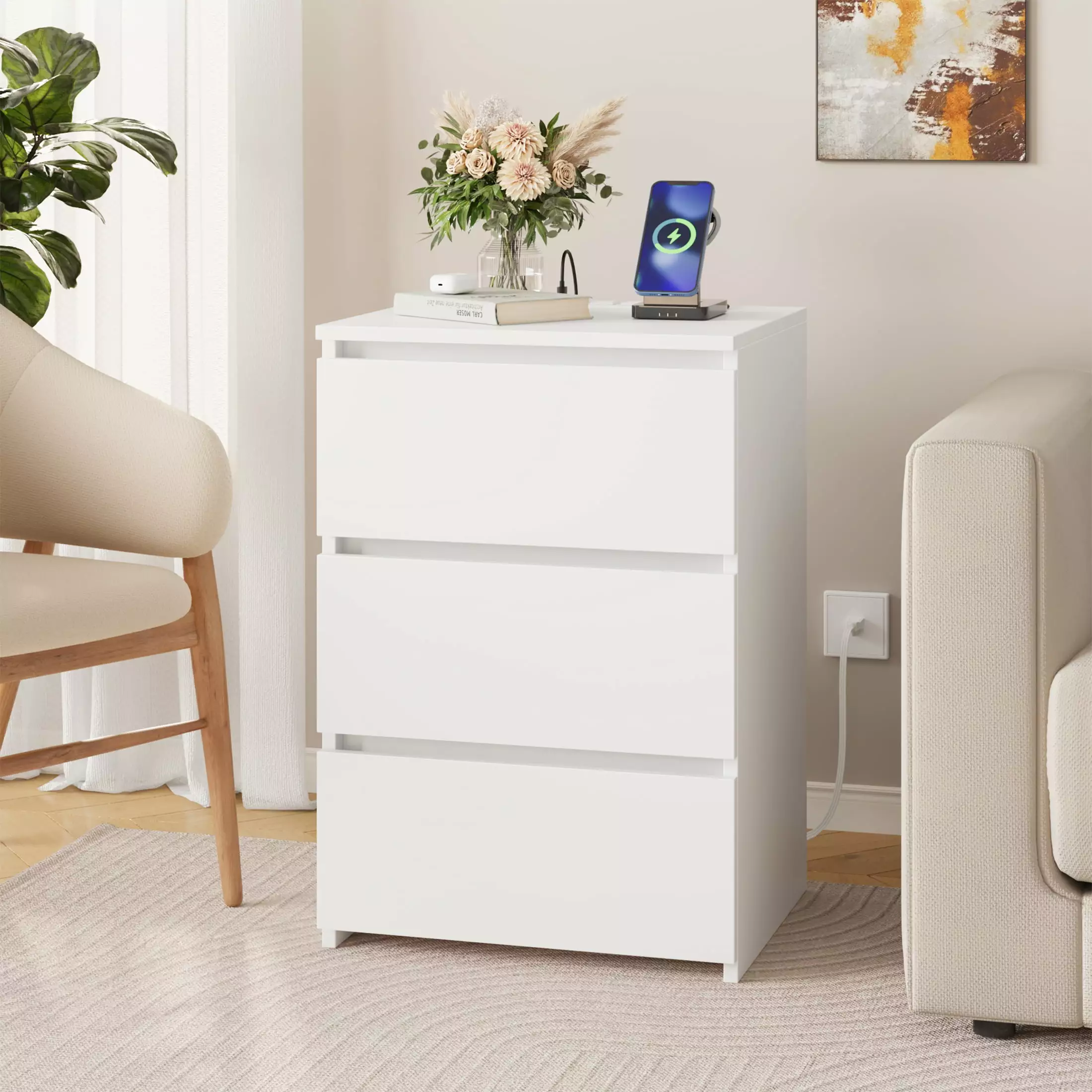 Homfa 3 Drawers Nightstand with Charging Station. Modern End Side Table. Wooden Storage Cabinet for Bedroom Living Room. White