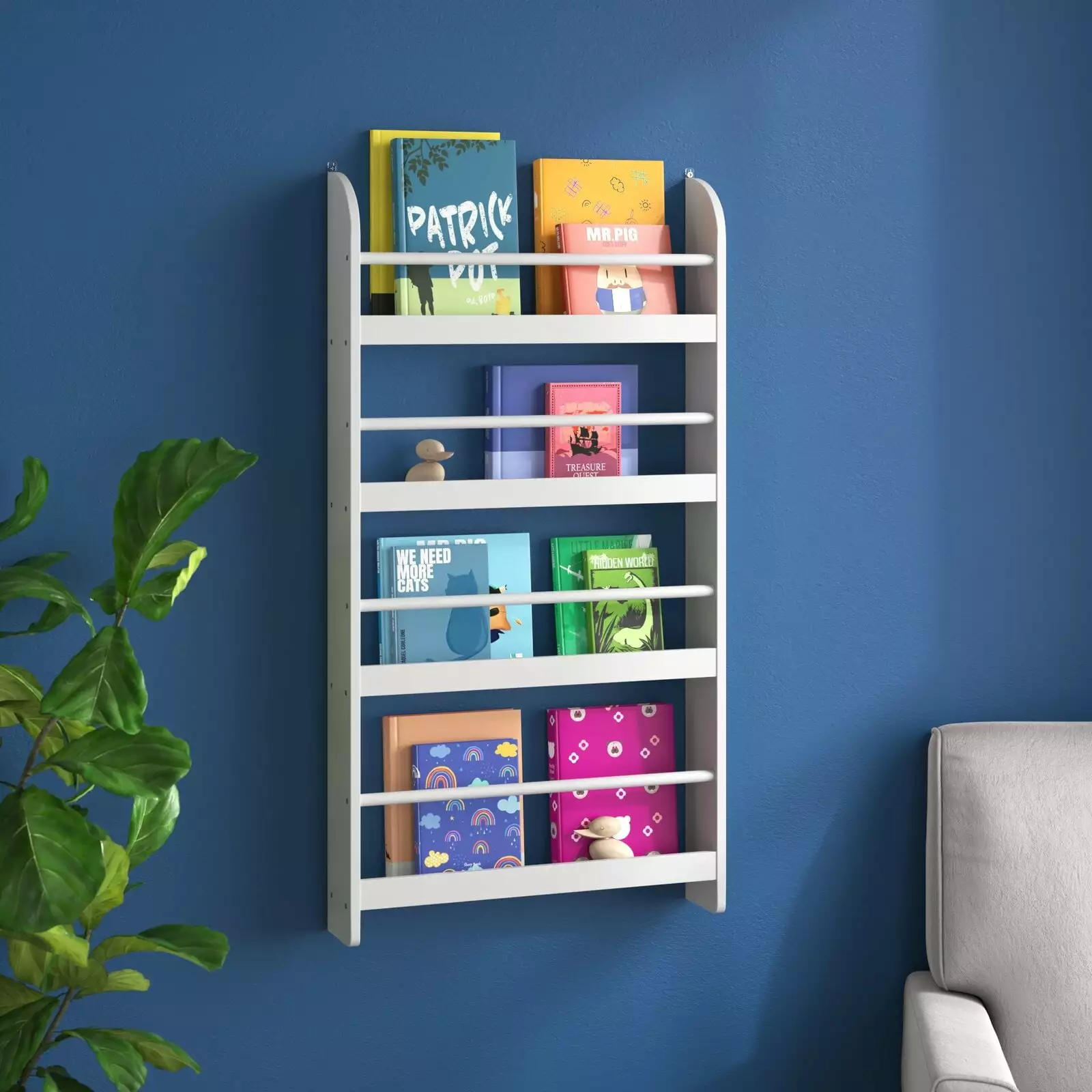 Homfa 4-Tier Wall Bookshelf. 44.5H Wall Mounted Kids Bookshelf. Book Storage Rack for Kids Room. Nursery. White