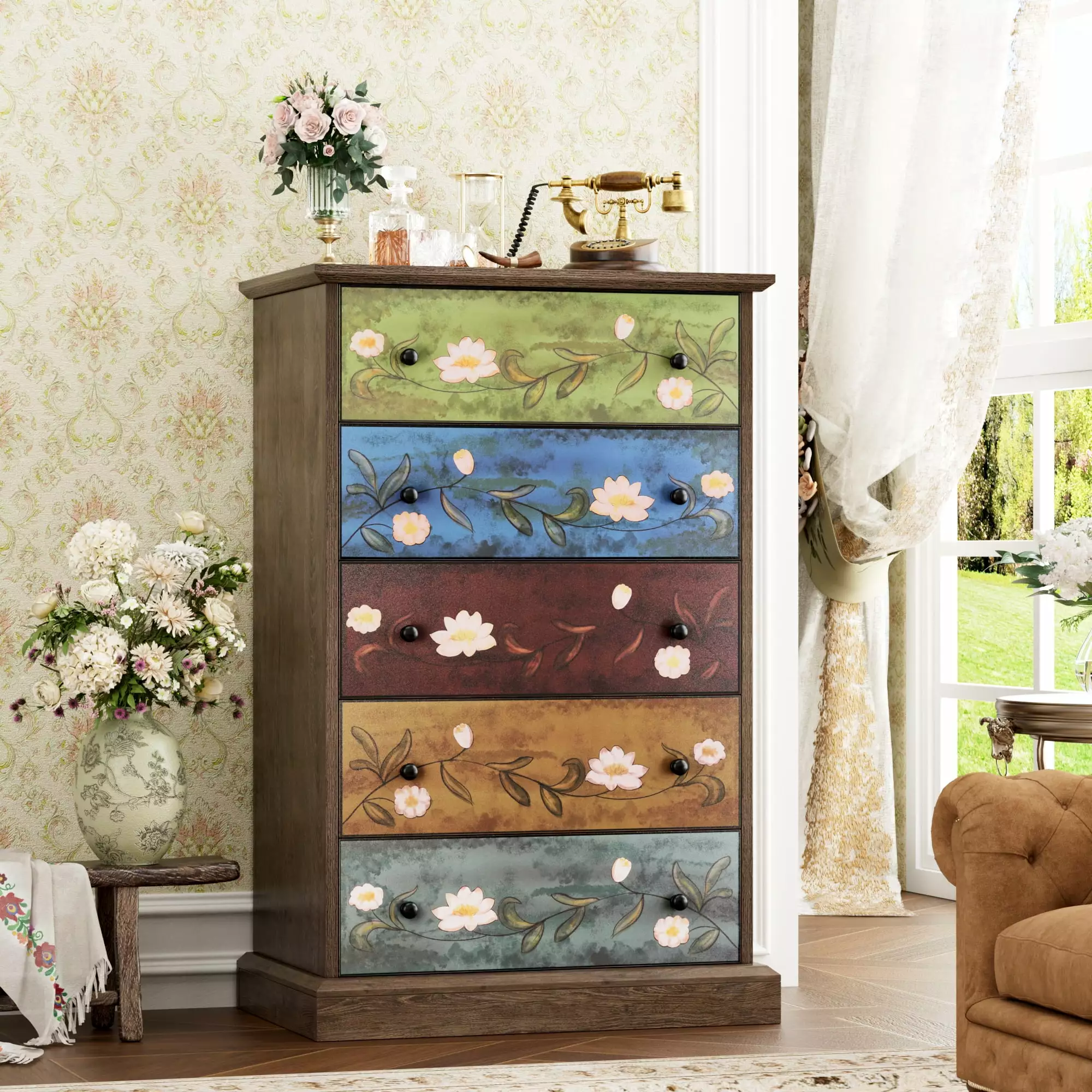 Homfa 5 Drawer Dresser for Bedroom. Boho Wood Storage Cabinet for Entryway Living Room. Wide Top. Study Base. Women