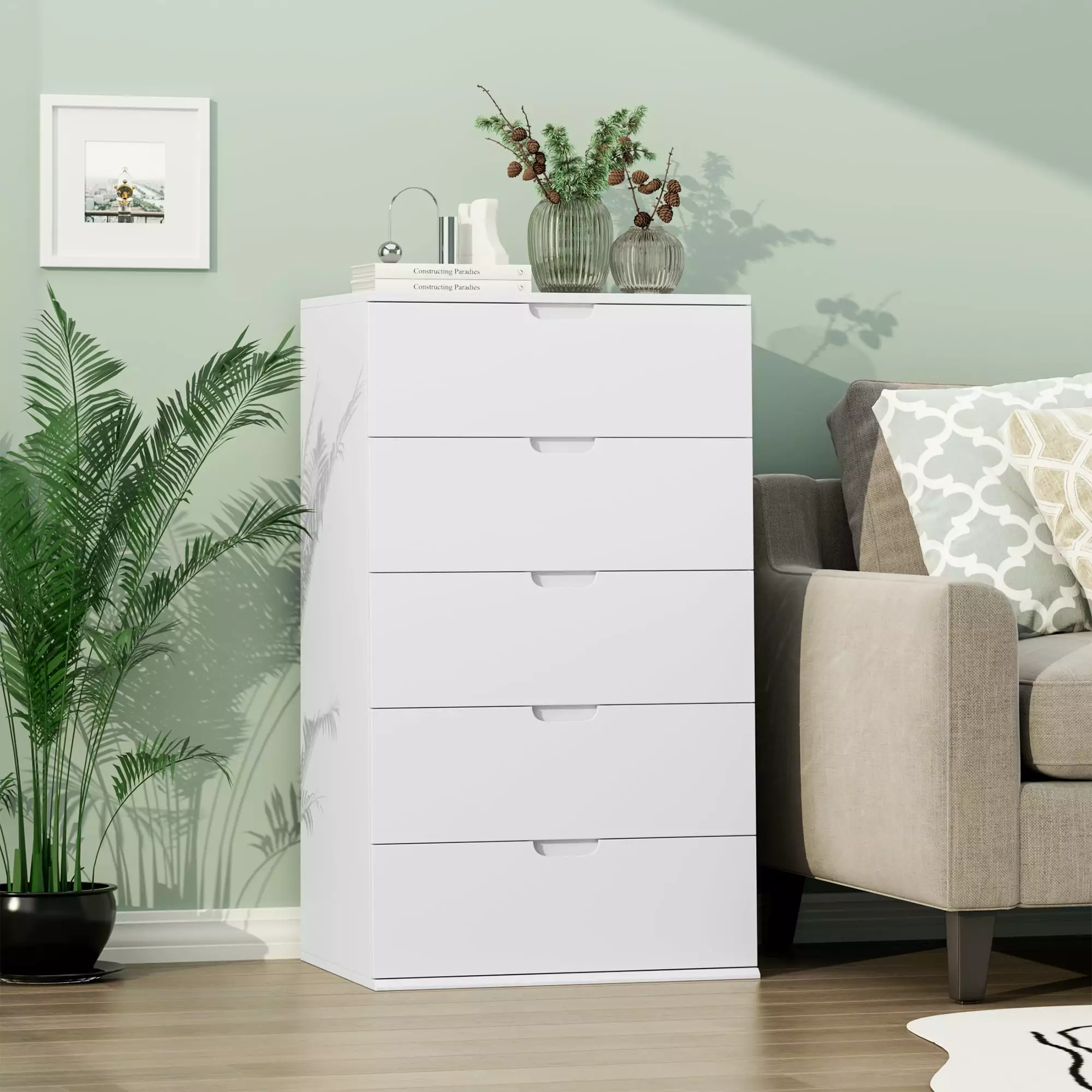 Homfa 5 Drawers Dresser. 23.6W White Dresser. Modern Chest with Drawer for Bedroom