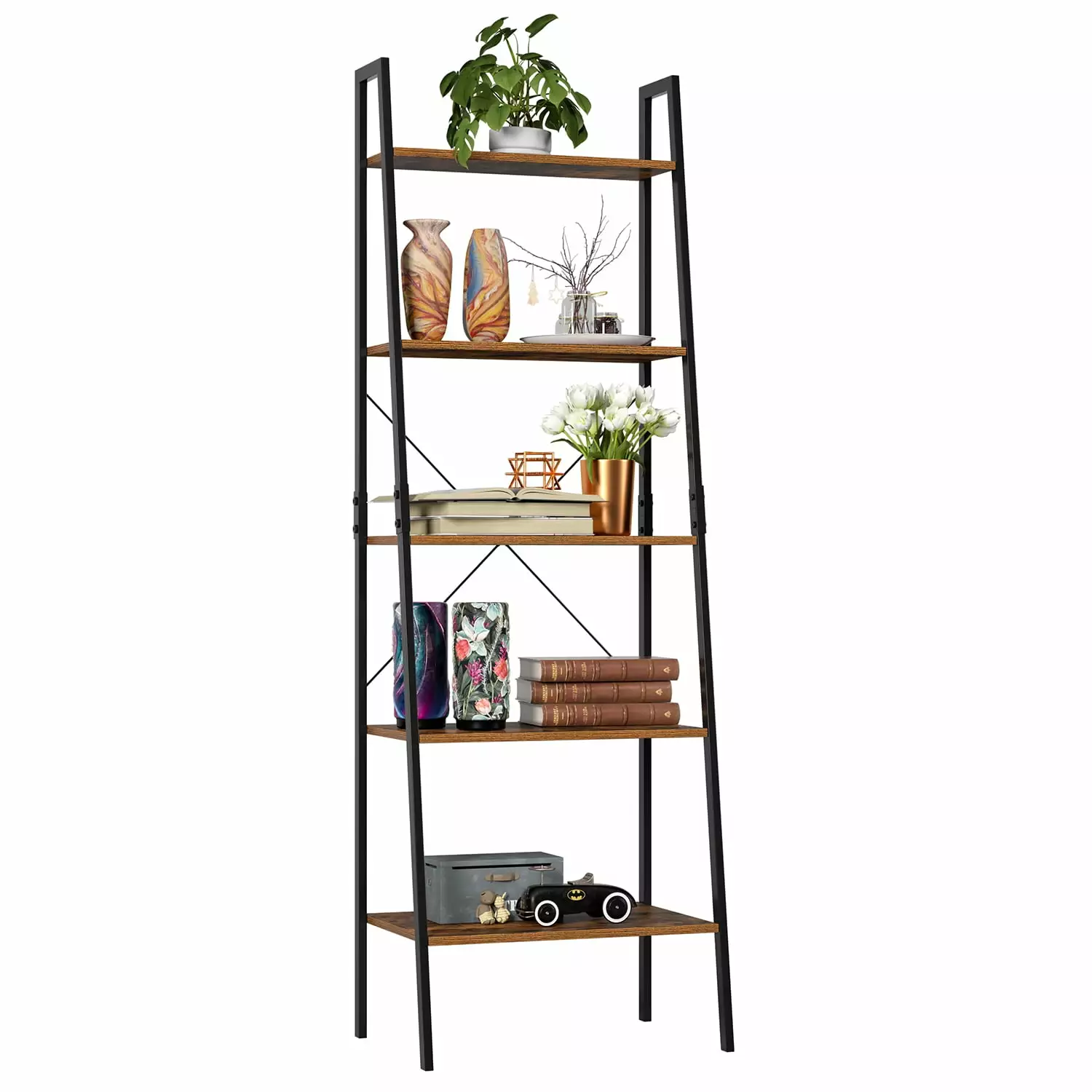 Homfa 5 Tier Ladder Bookshelf. 67.3'' H Industrial Storage Shelf with Metal Frame. Brown