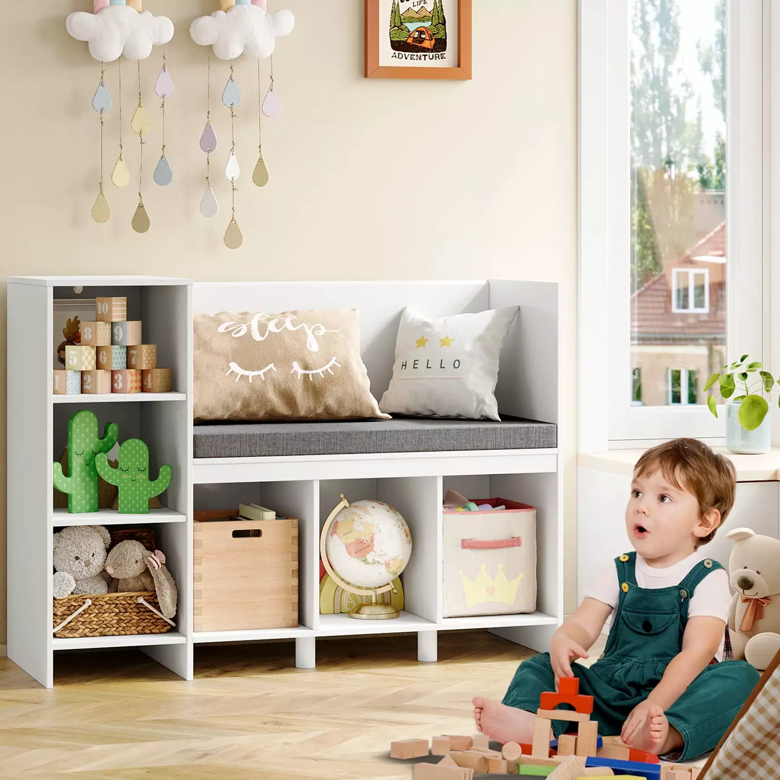 Homfa 6 Storage Cube Organizer. Open Toy Display Bookshelf with Seat for Kids Room. White Finish