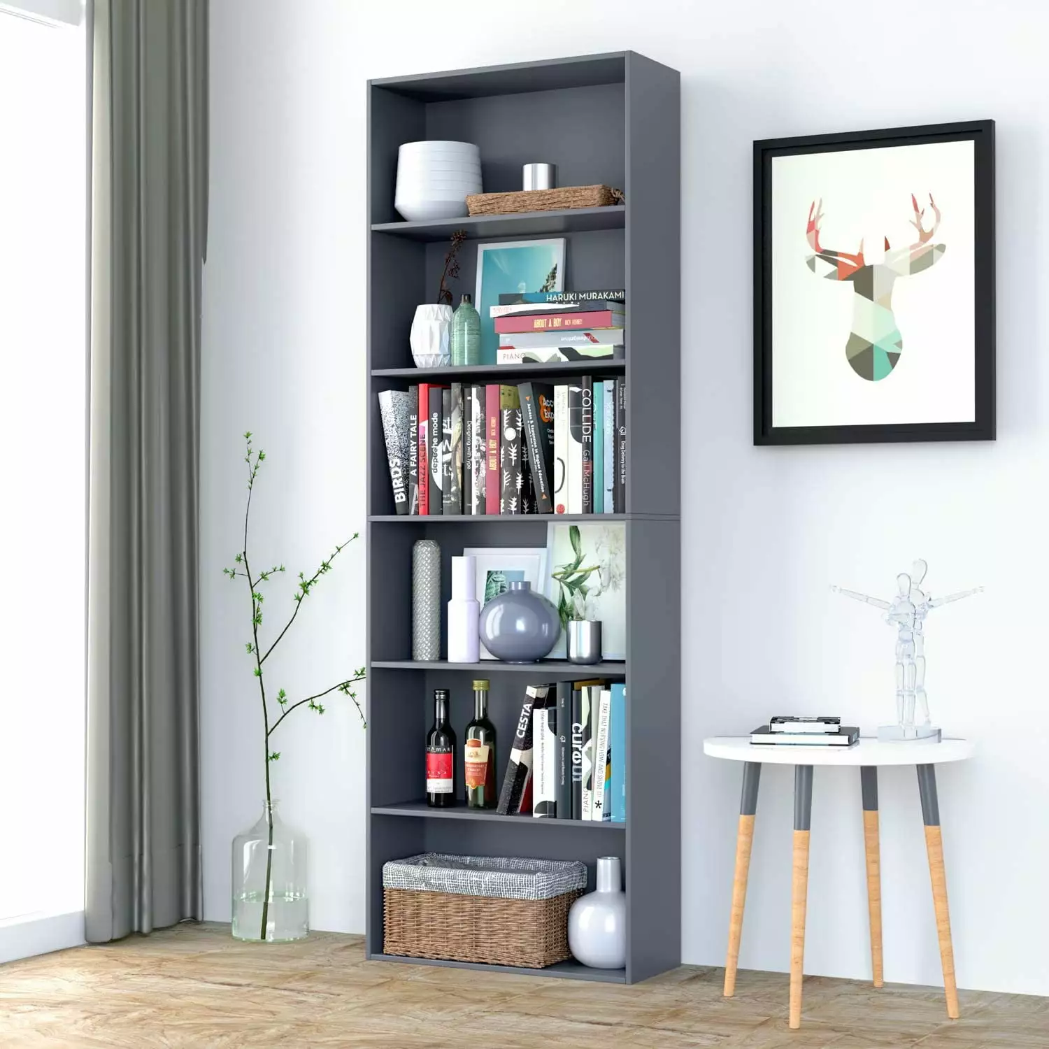 Homfa 6-tier Gray Bookshelf. 70.8 Tall Bookcase. Wood Shelving Unit for Office Living Room