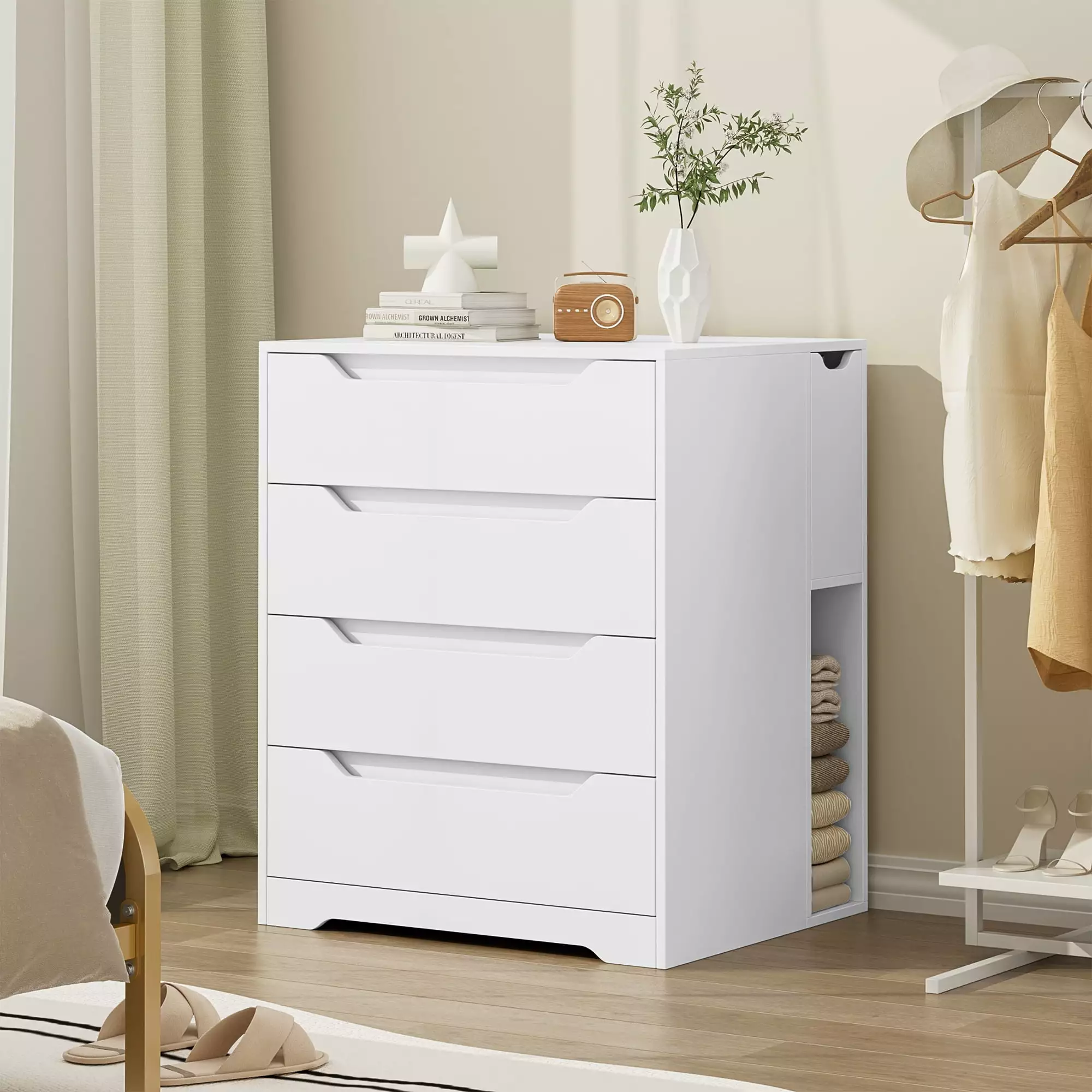 Homfa Dresser of 4 Drawers with Flip Top. Compact Nightstand Dresser Chest with Side Storage for Bedroom Living Room. White