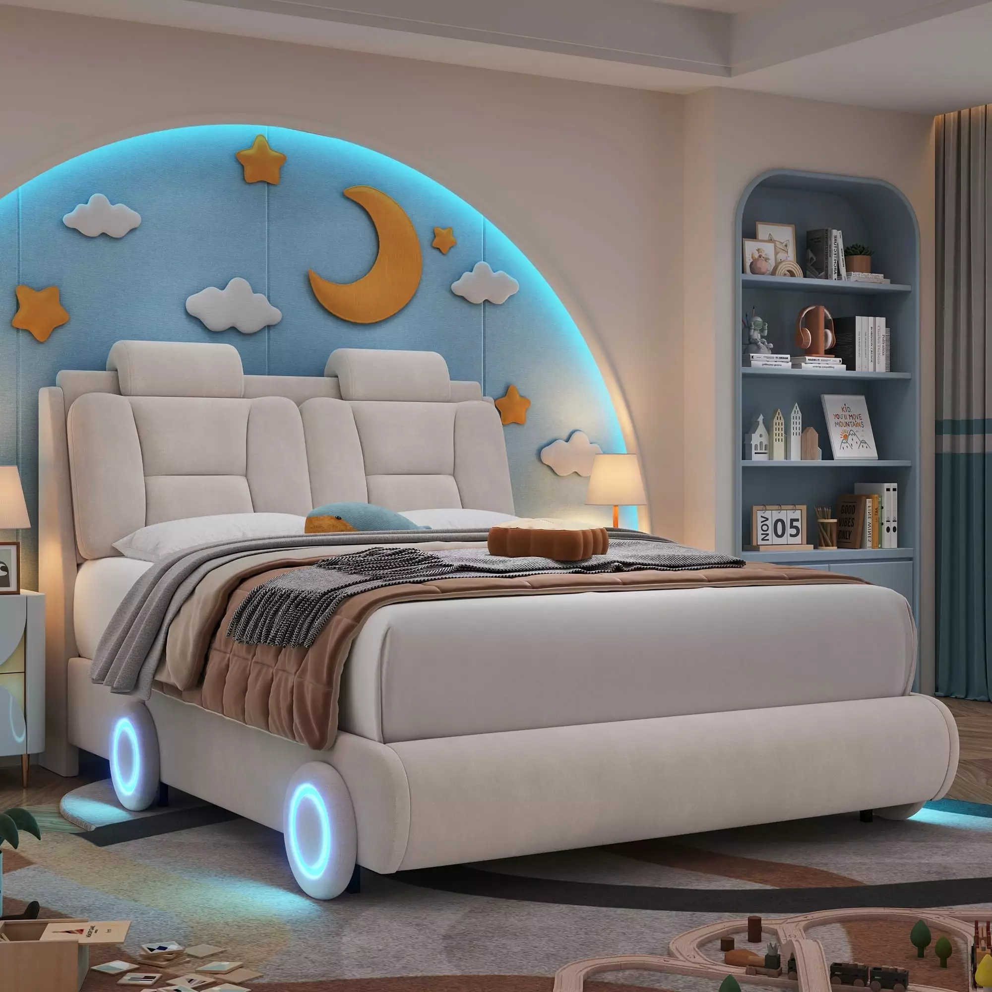 Homfa Full Size Bed Frame with LED Wheel for Kids. Velvet Upholstered Platform Bed with with Adjustable Headboard and Pillow. Beige