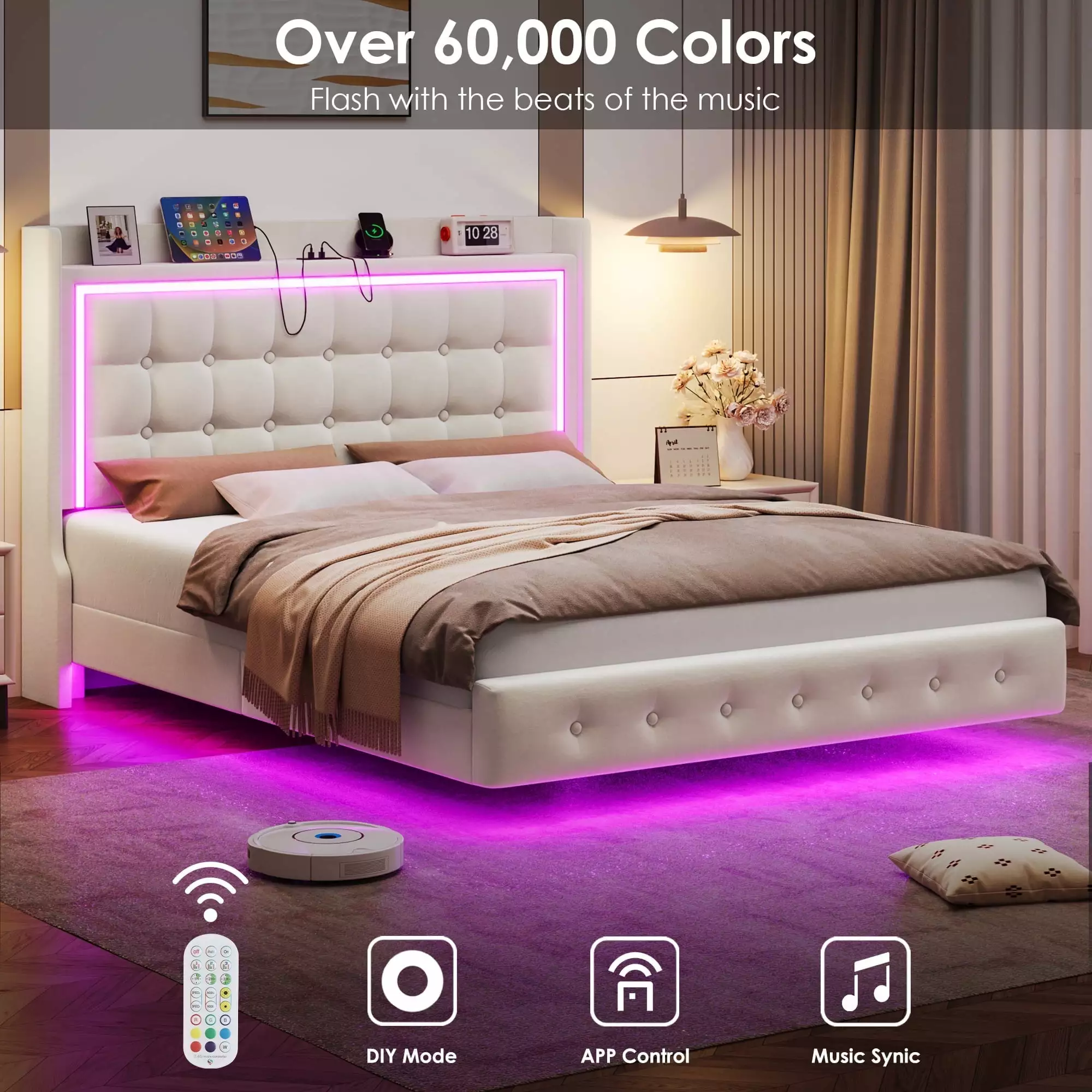 Homfa Full Size Floating Bed with RGB LED Lights & Charging Station. Velvet Upholstered Platform Bed with Storage Headboard. White