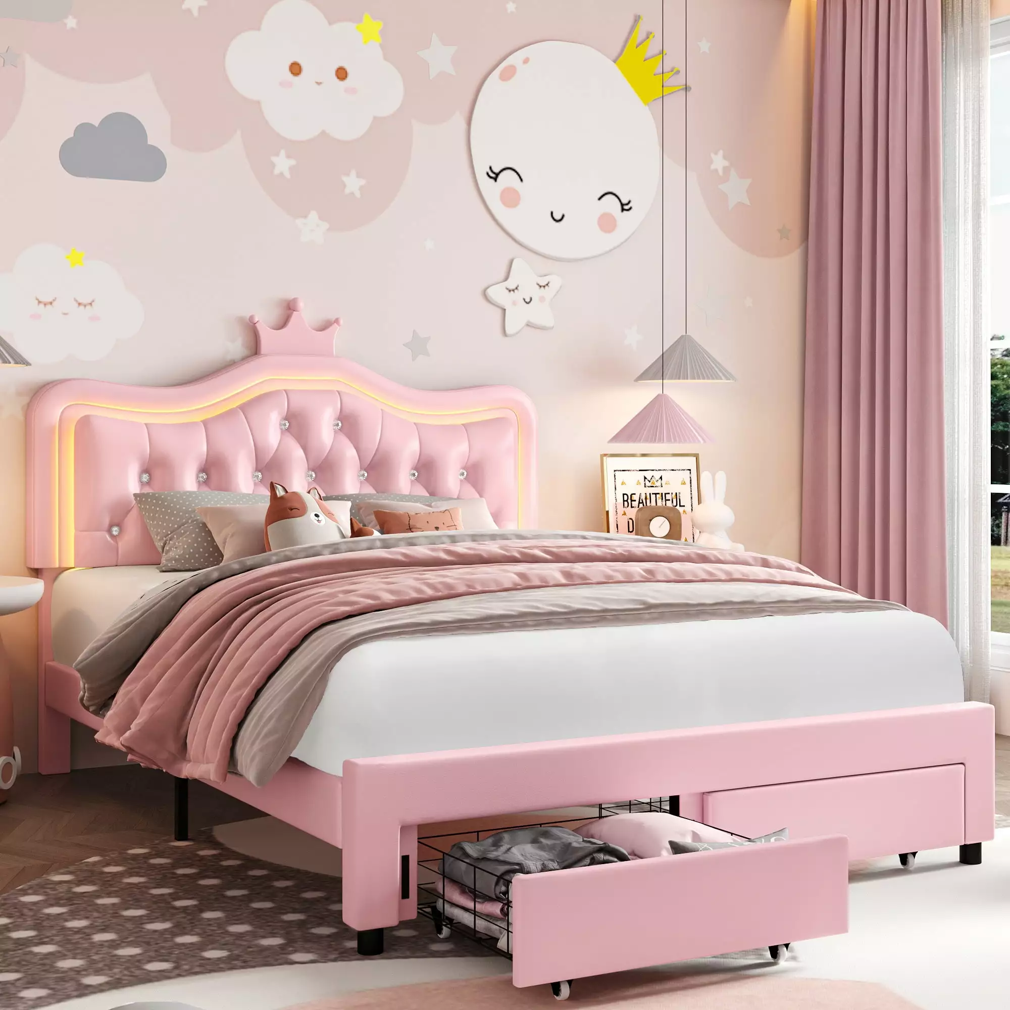 Homfa Full Size LED Bed Frame with Storage Drawers. PU Leather Crown Platform Bed with Crystal Tufted Upholstered Adjustable Headboard. Pink