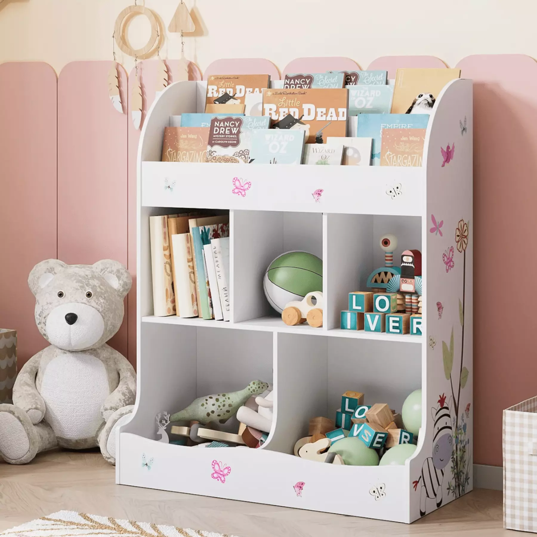 Homfa Kid's Bookshelf. Cute Printed Reading Nook with 2-Tier Display Shelf. 5-Cube White Bookcase for Playroom