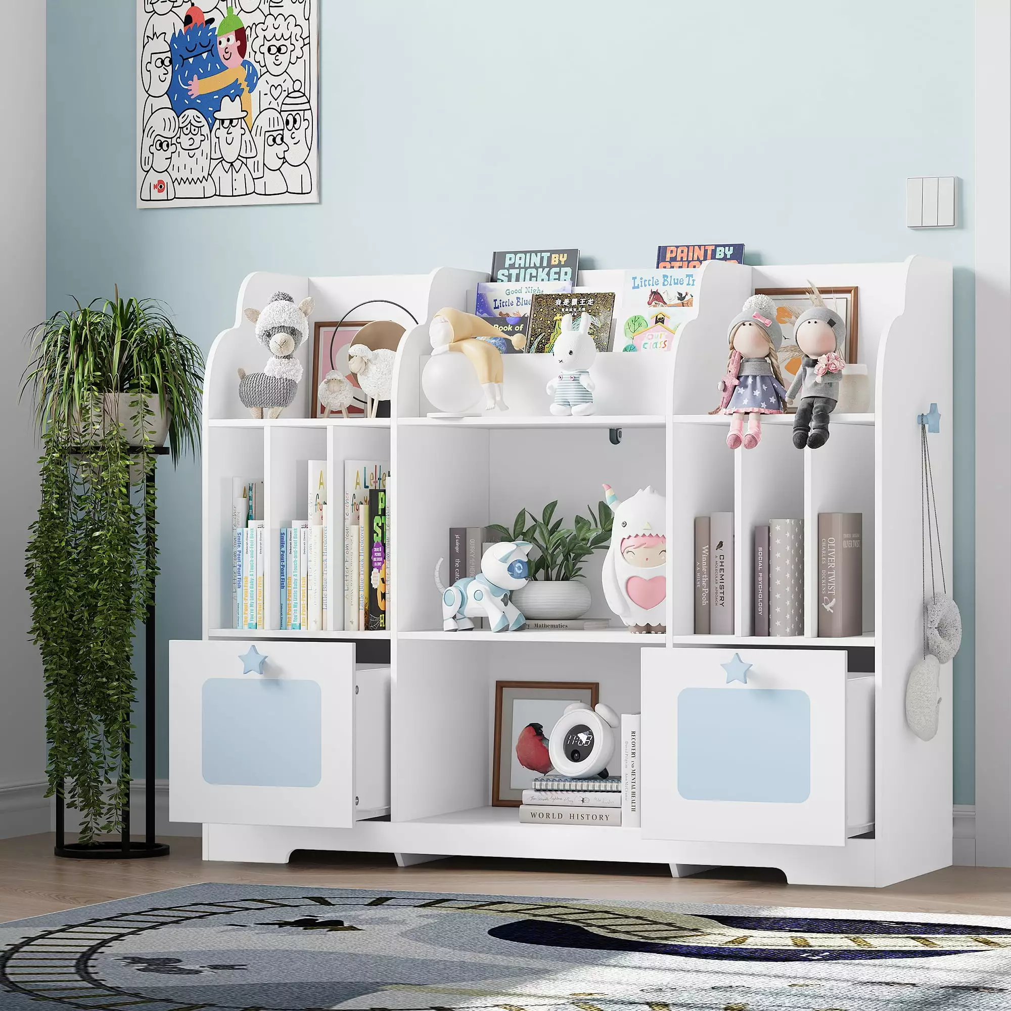 Homfa Kid's Bookshelf with 2 Movable Drawers. 7-Cube Bookcase with Hooks. Toy Storage Organizer for Kidroom. White