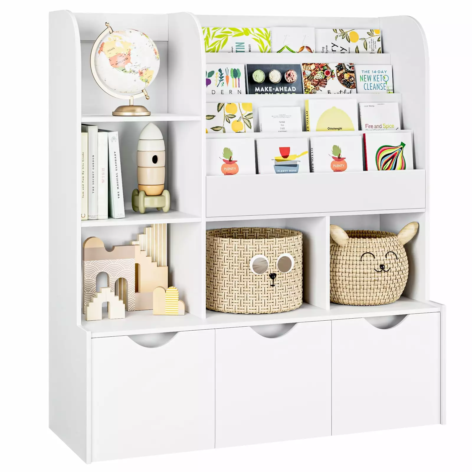 Homfa Kid's Bookshelf with 3 Movable Drawers. 5-Cube Bookcase with 4-Tier Display Stand. Toy Storage Organizer for Bedroom Playroom. White