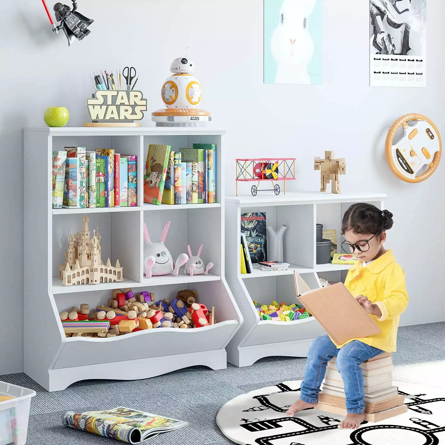 Homfa Kid's Cubby Toy Storage Cabinet. Wood Toy Organizer of 5 Bins. Children's White Bookcase. Toy Chest for Bedroom Living Room