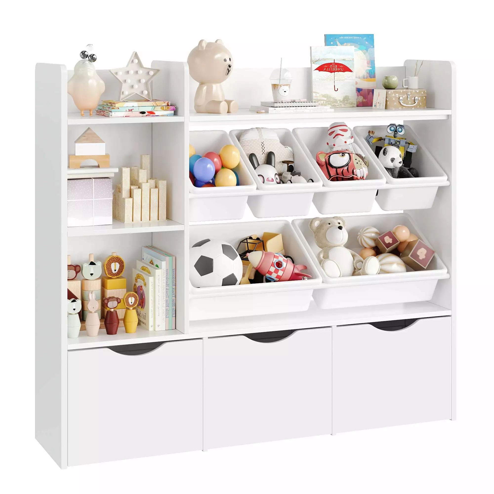 Homfa Kids Bookcase with 6 Storage Bins. Multi-Purpose Toy Organizers Bookshelf with 3 Drawers for Bedroom Nursery Playroom. White