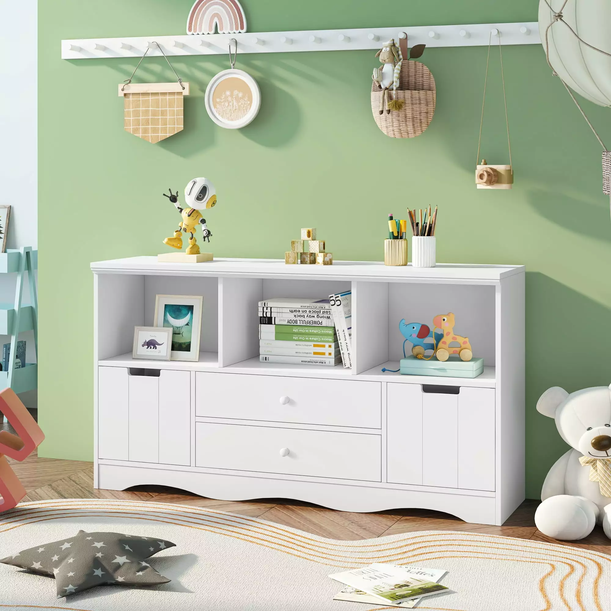 Homfa Kids Bookshelf. Toy Storage Cabinet with 2 Drawers and 3 Cubbies. Toy Storage Cubby for Children's Room. School. Playroom. Nursery. Kindergarten. White