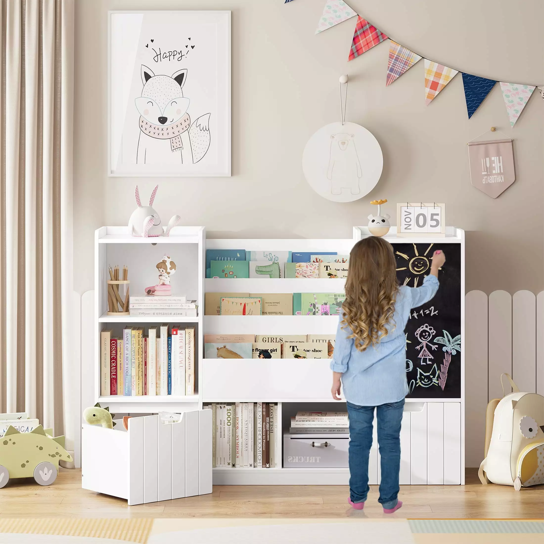 Homfa Kids Bookshelf with Blackboard. Nursery Bookcase with Cubby and Toy Bin for Kids Room. White