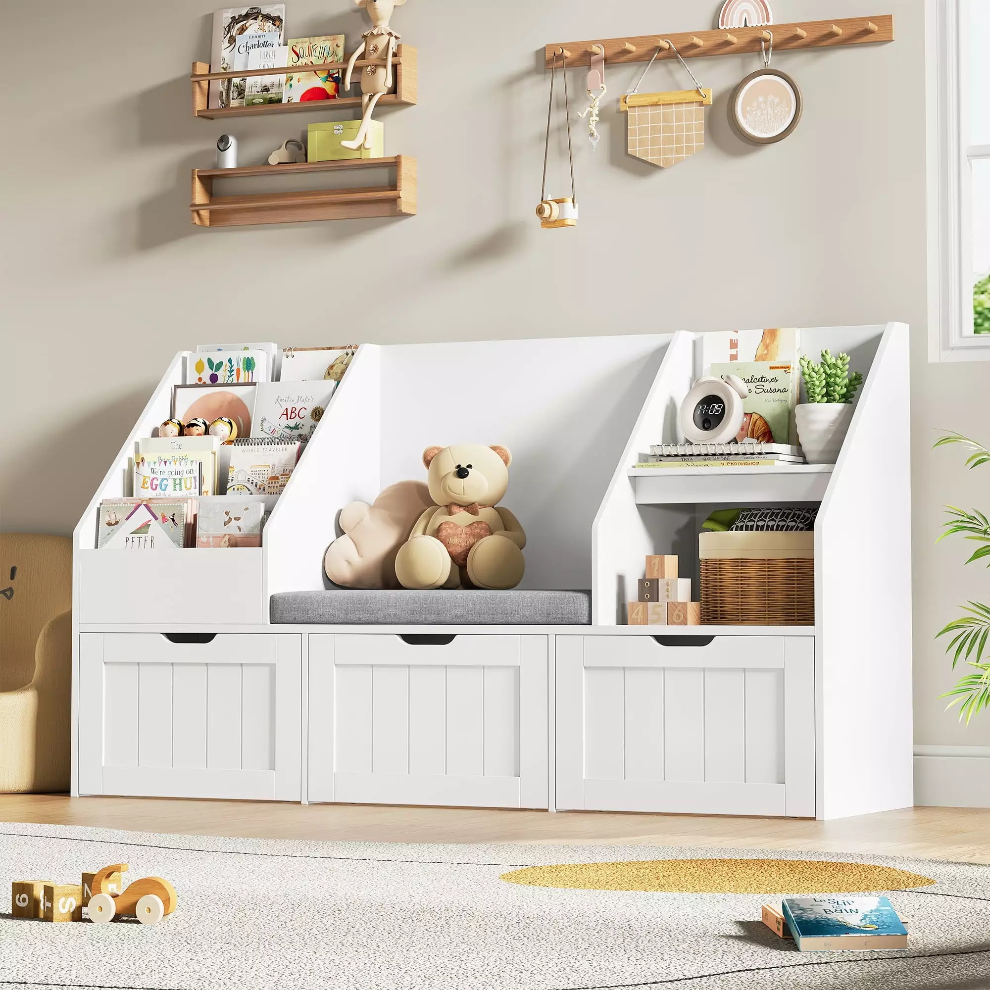 Homfa Kids Bookshelf with Reading Nook & 3 Movable Drawers. 2 Cube Bookcase with 4-Tier Book Racks. Toy Storage Organizer for Playroom Bedroom. White