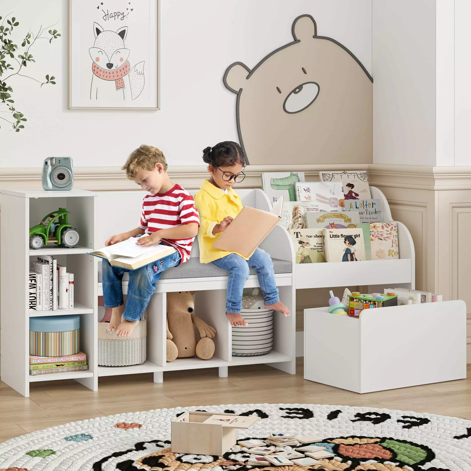 Homfa Kids Bookshelf with Reading Nook. 6 Shelf Bookcase with 1 Wood Toy Bin with 3 Tier Book Rack for Children Kidsroom