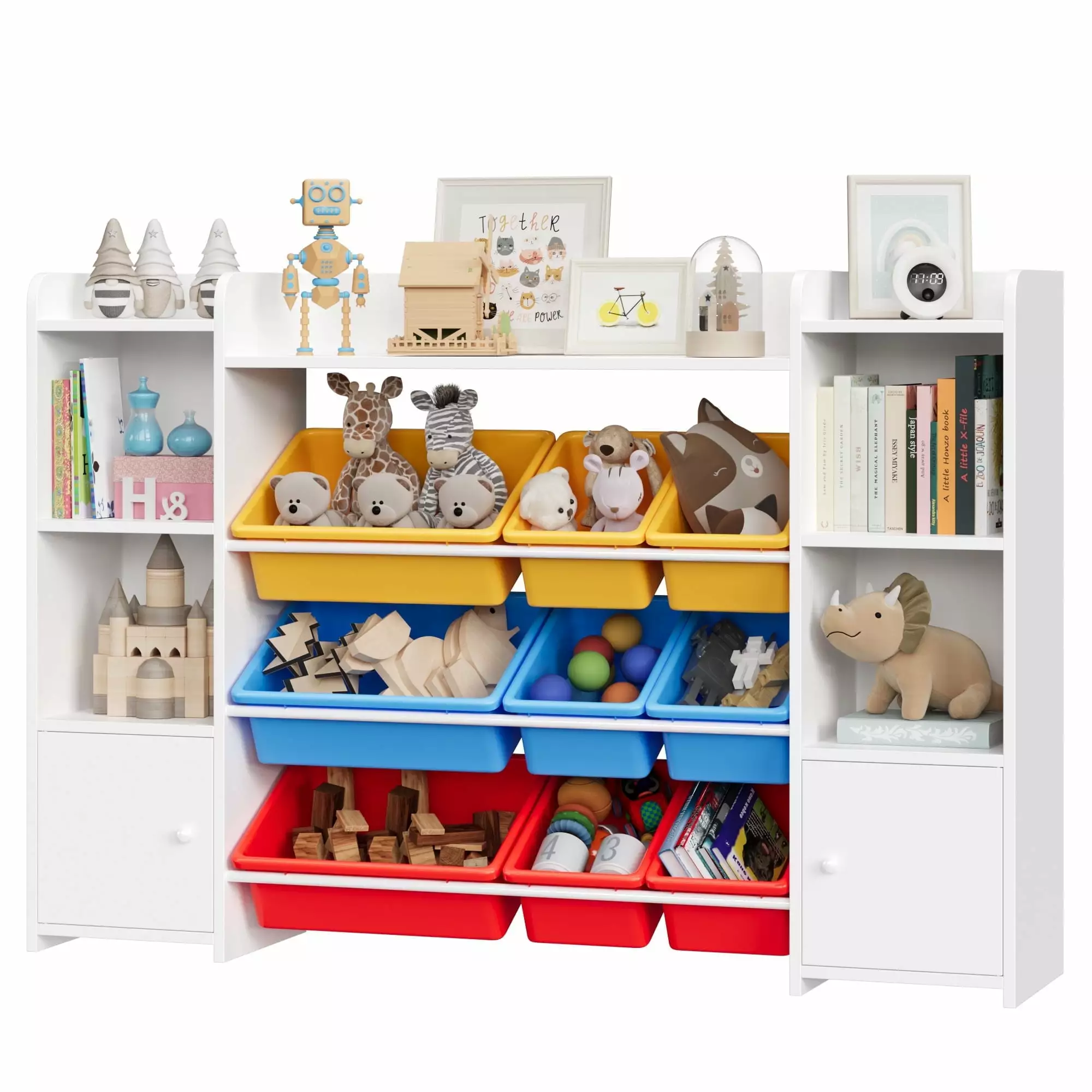 Homfa Kids Toy Cubby Bookcase with 9 Bins. White Storage Organizer Bookshelf with 2 Door for Children Room Playroom Organization