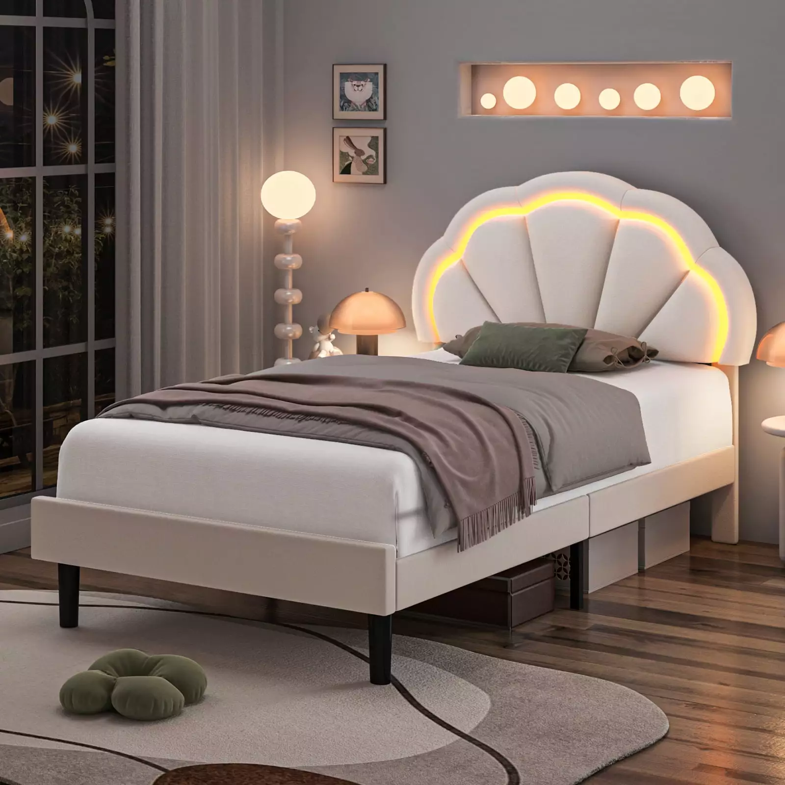 Homfa LED Bed Frame. Twin Size Velvet Upholstered Platform Bed with Adjustable Headboard. Lights Seashell Bed for Kids Girls. Off-White