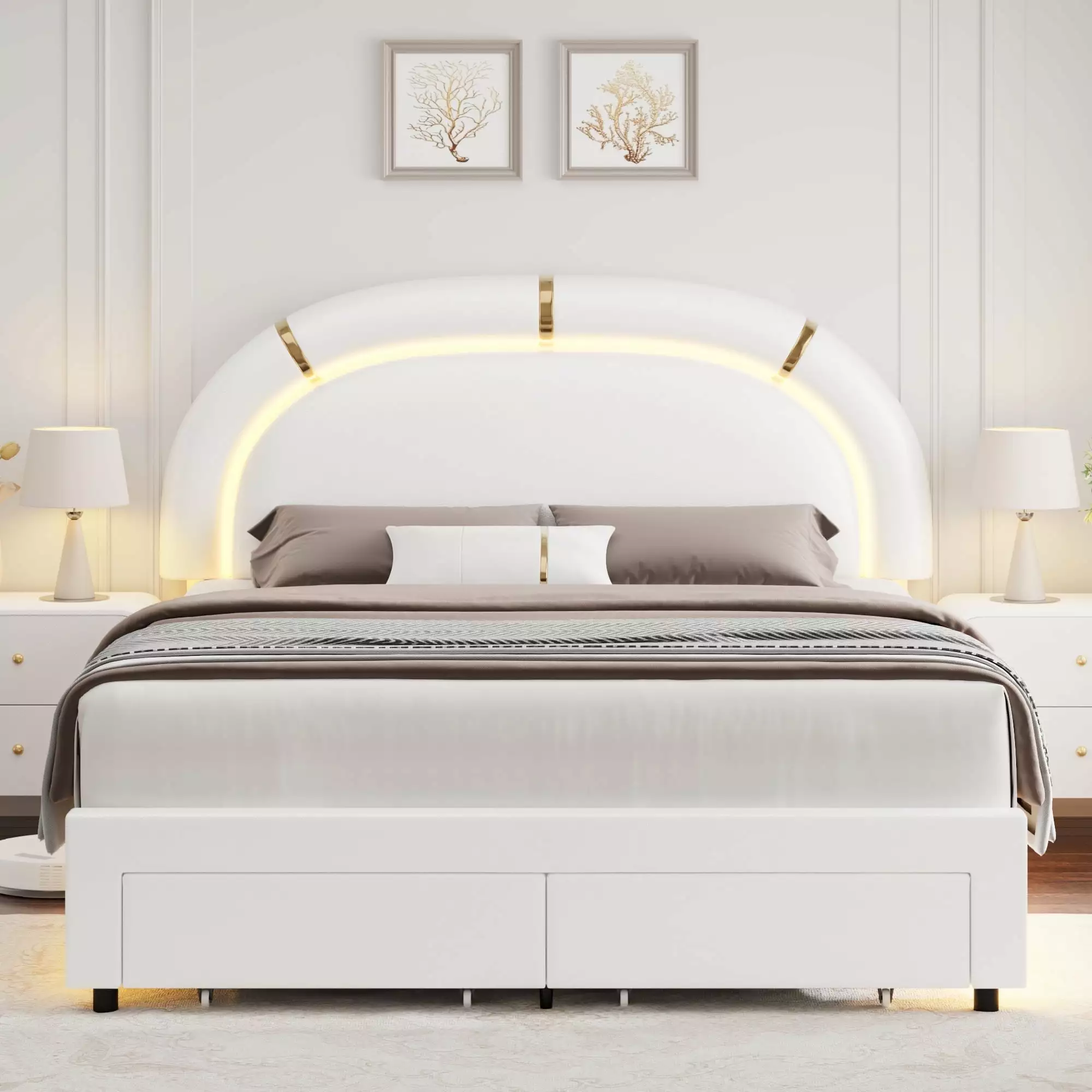 Homfa Queen LED Bed Frame with Storage Drawer. Modern Adjustable Headboard Faux Leather Upholstered Platform Bed for Bedroom. Solid Wood Slats Sturdy Base. White