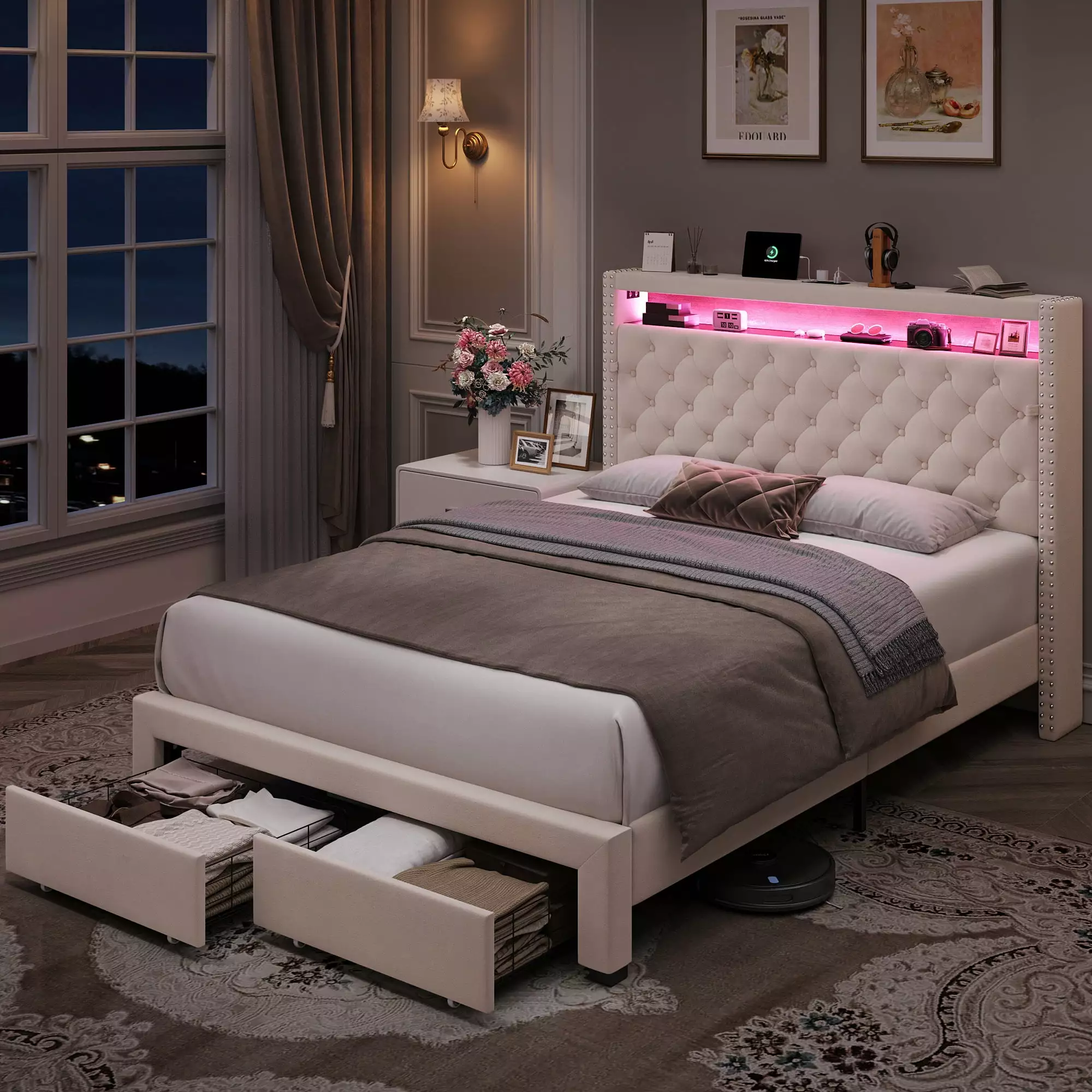 Homfa Queen Size LED Bed Frame with Outlets and USB Ports. Modern Storage Platform Bed with Velvet Fabric Button Tufted Upholstered Headboard. Beige