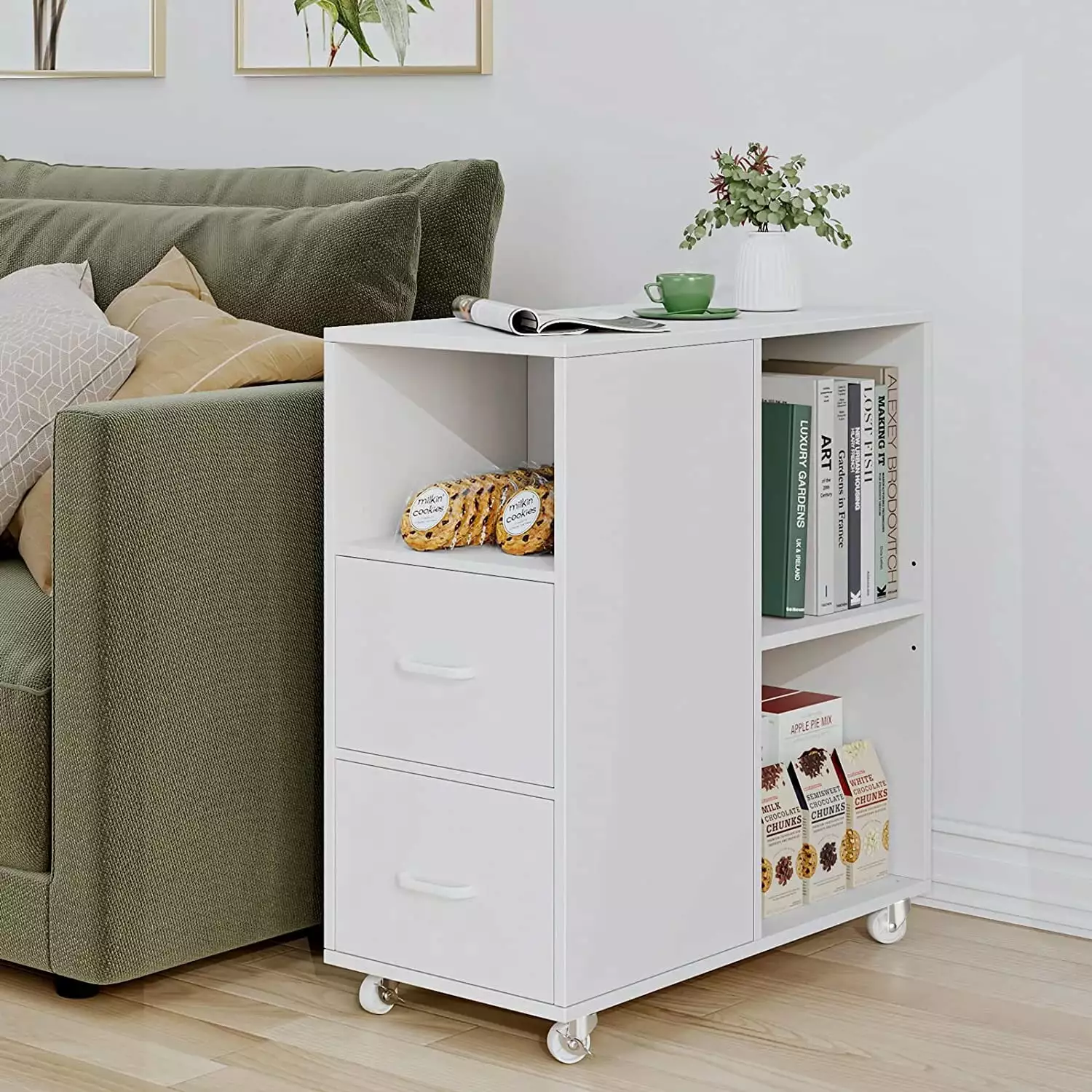 Homfa Side Table with 2 Drawers. Mobile File Cabinet Nightstand with Adjustable Shelf for Office Living Room. White Finish