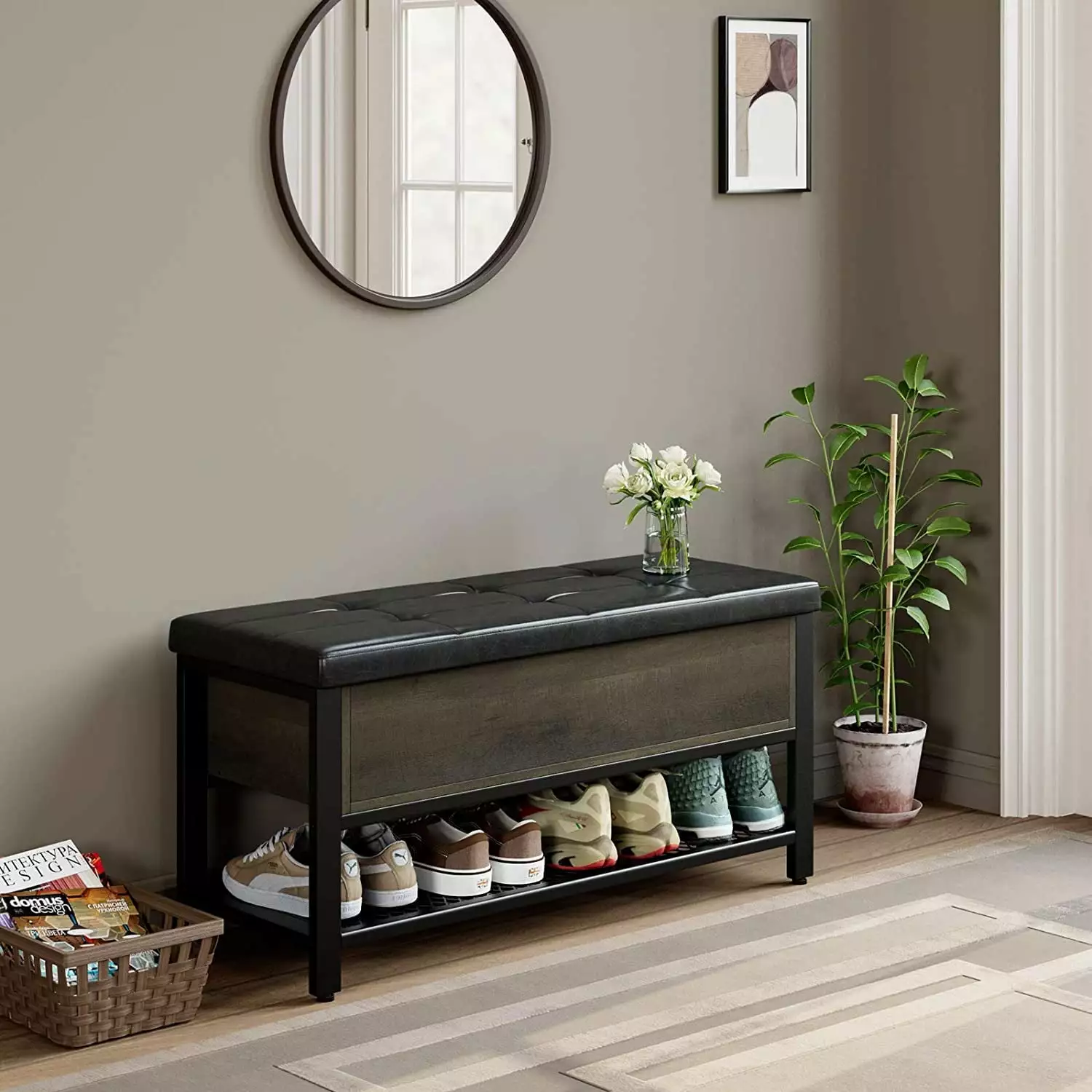 Homfa Storage Bench with Storage. Long Leather Shoe Bench with Flip Top for Hallway. Living Room. Dark Brown