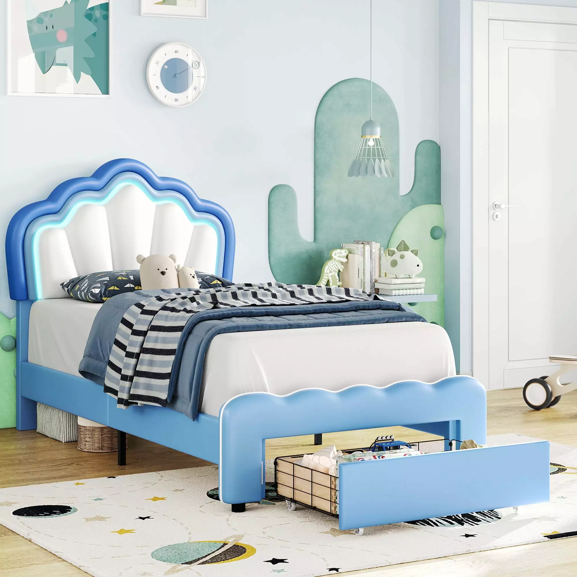 Homfa Twin Size LED Bed Frame with Drawer. PU Leather Upholstered Platform Bed with Adjustable Petal Headboard for Kid. Blue