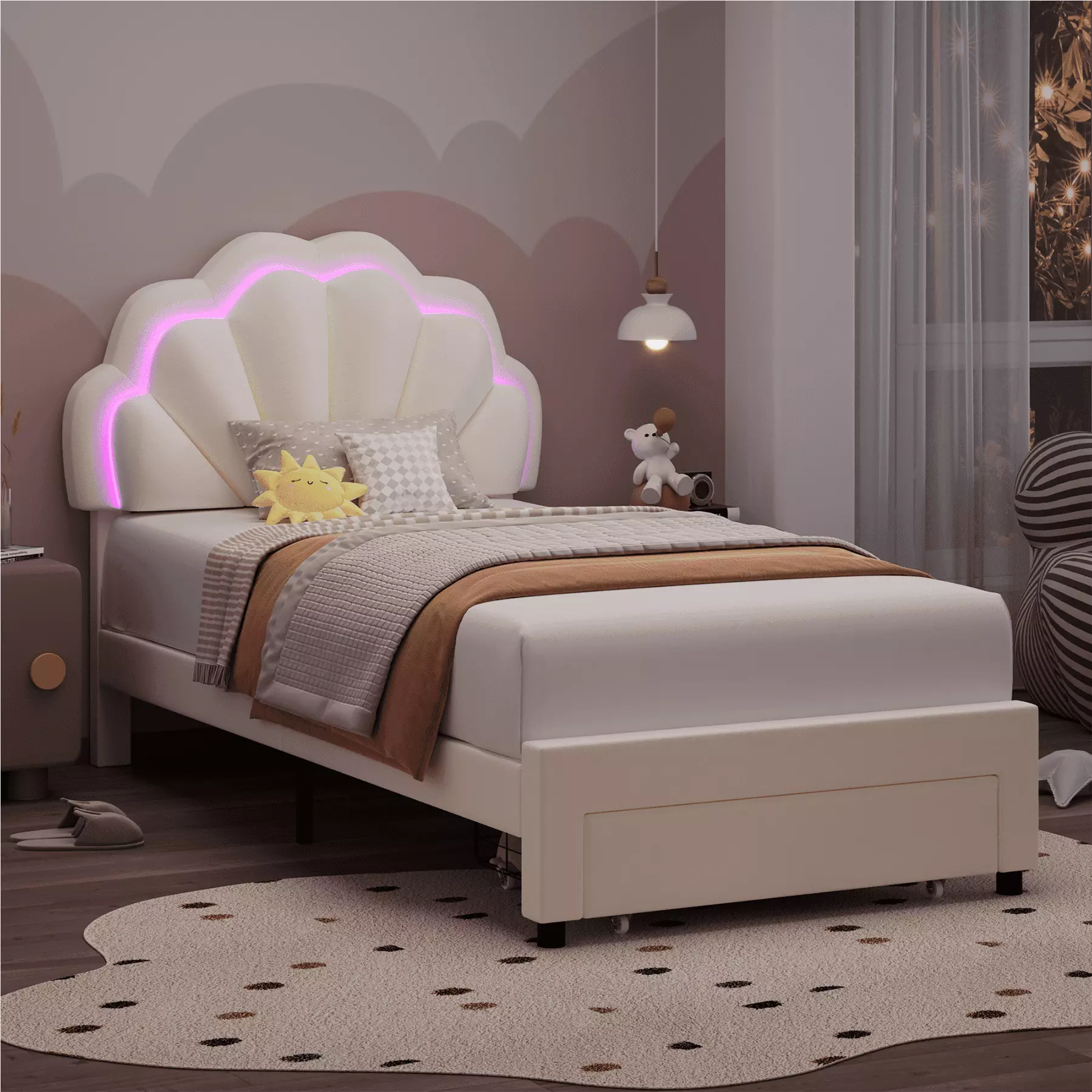 Homfa Twin Size LED Bed Frame with Drawer. Velvet Upholstered Platform Bed with Adjustable Petal Headboard for Kid. Beige