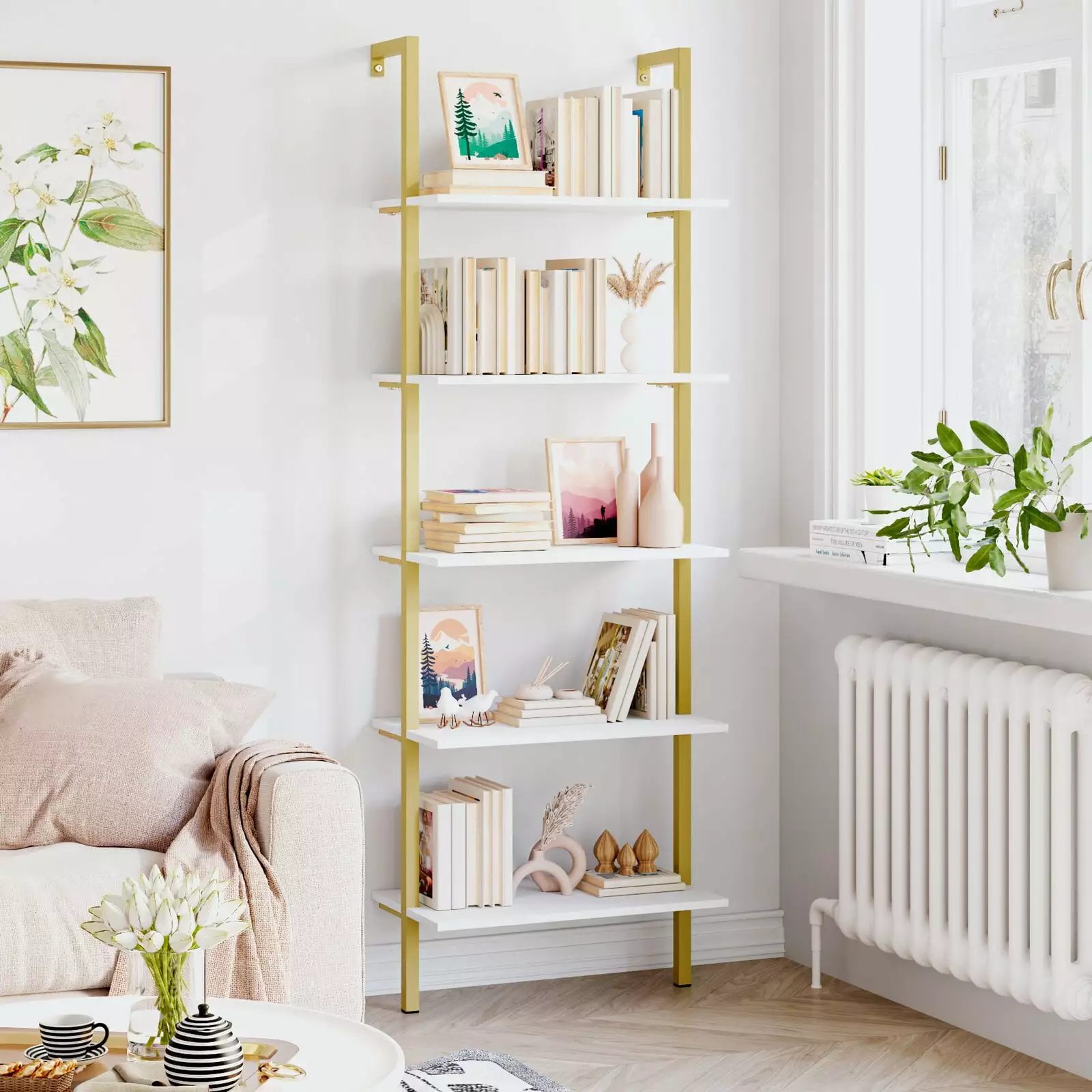 Homfa Wall Mounted Iron Bookcase. 5 Tiers Ladder Shelves with Gold Frame. White Finish