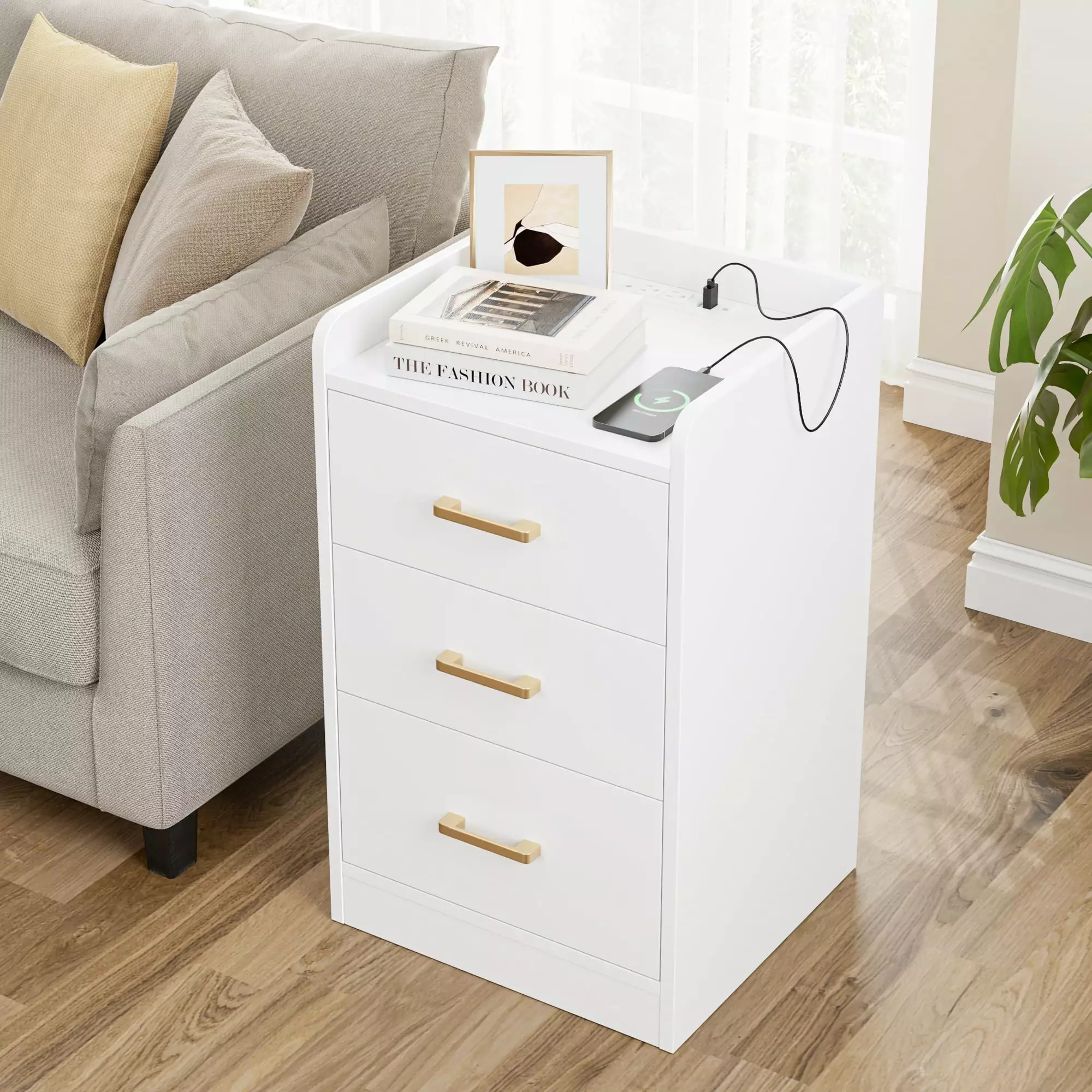 Homfa White Nightstand with Charging Station. 3 Drawers Nightstand for Bedroom. Modern Storage Cabinet for Living Room