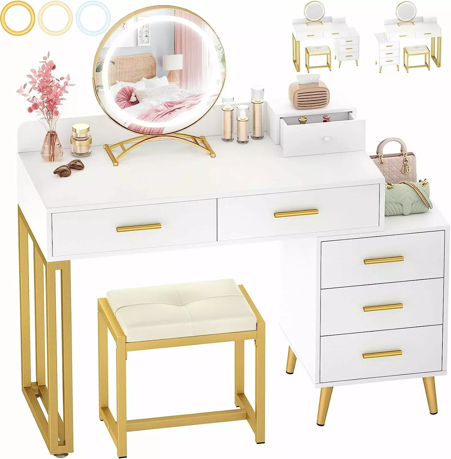 Homieasy White Vanity Desk with Mirror and Lights. Modern Makeup Vanity Table Set with 6 Storage Drawers and Cushioned Stool for Bedroom. Dressing Table with Divided Organizers for Women Girls. White