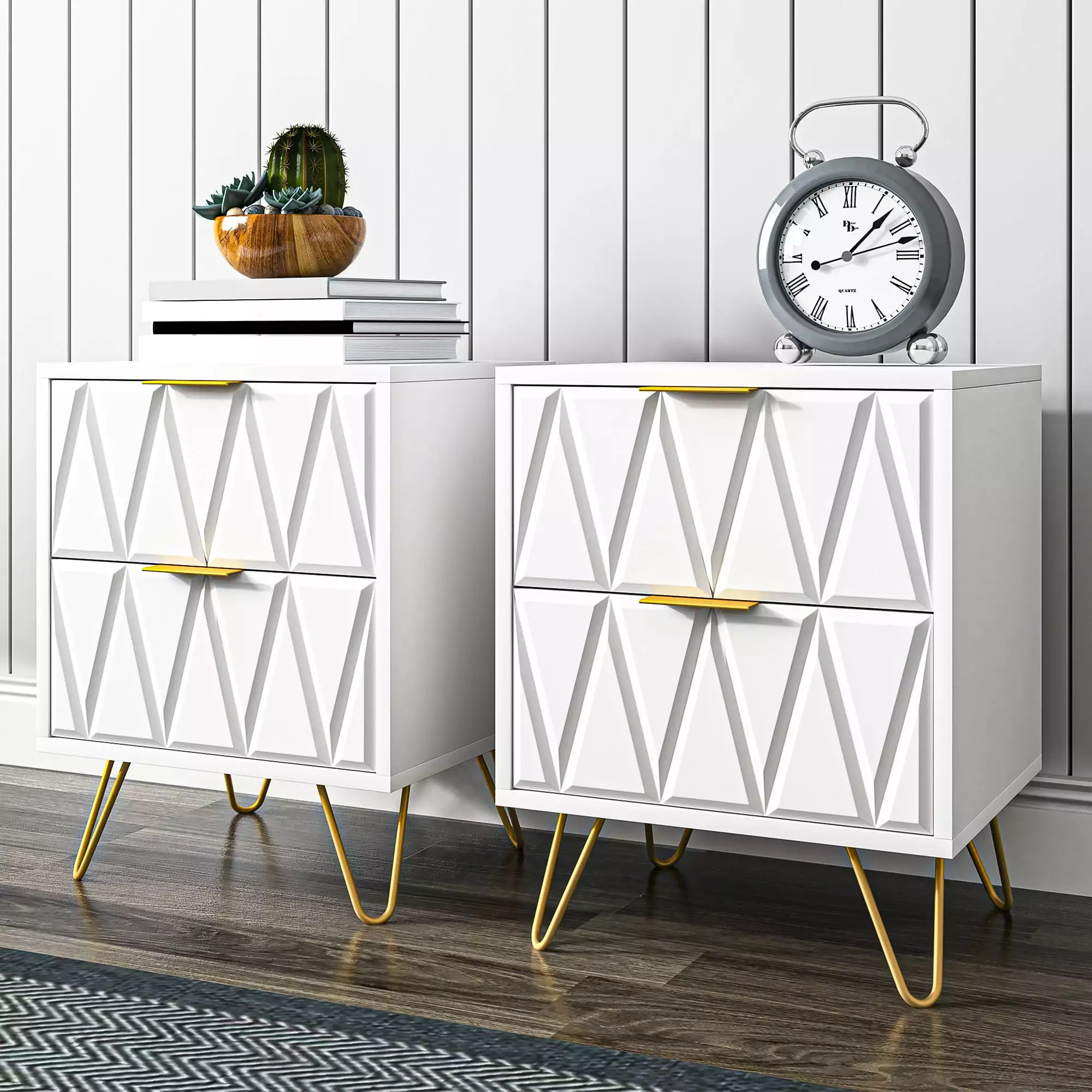 Hommoo 2 Drawers Nightstand Set. Modern Bedside Table Set with Metal Leg. Accent End Side Table for Living Room & Bedroom. White