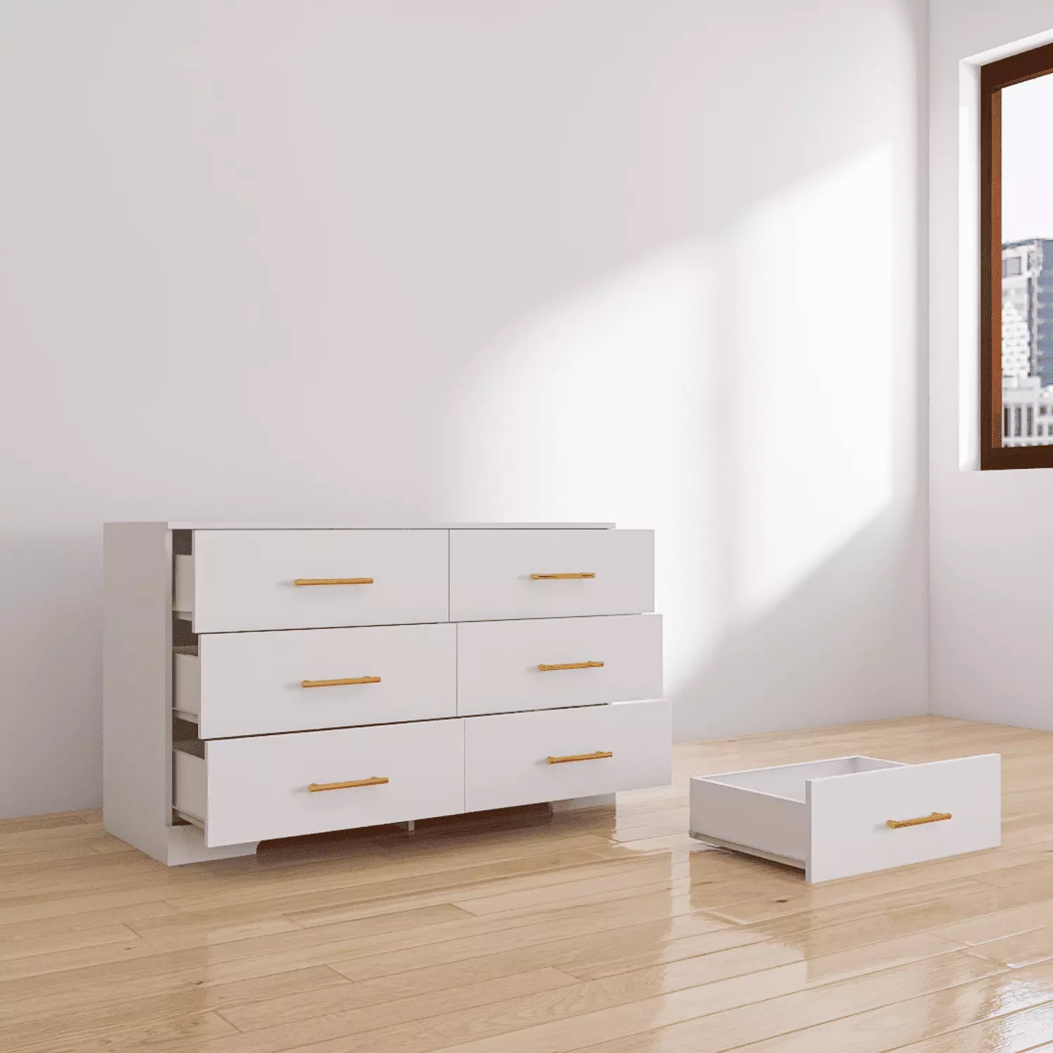 Hommoo 6 Drawers Chest of Drawer Dressers Table with Golden Handle. Drawer Cabinet for Living Room. White