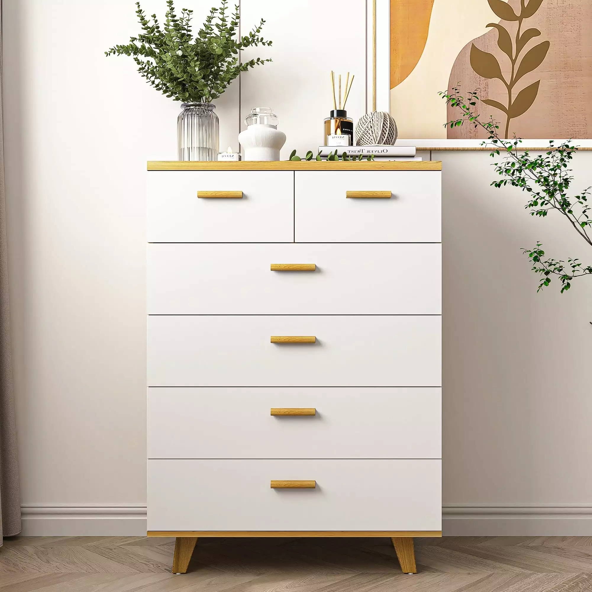 Hommoo 6 Drawers Wood Dresser. Modern Chest of Drawers for Living Room. White