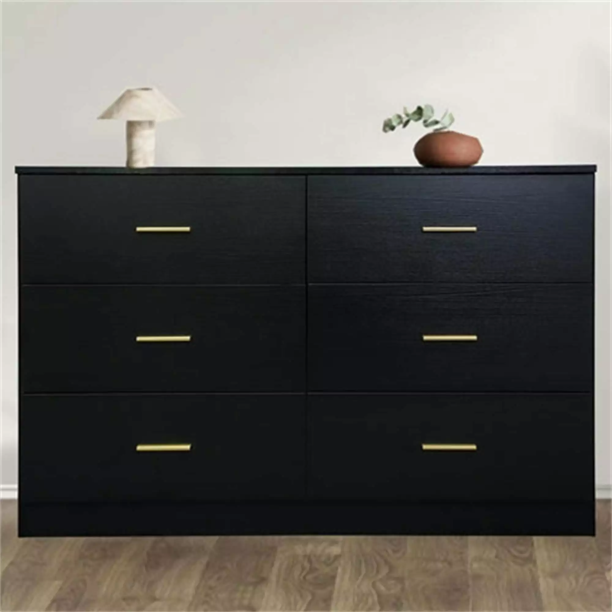 Hommoo Modern Wooden Wide 6 Drawer Dresser for Bedroom Nursery. Storage Storage Cabinet With Gold Handle. Black