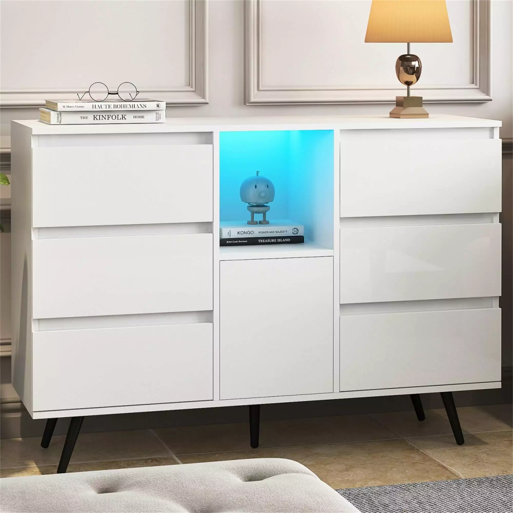 Hommoo White 6 Drawer Dresser with LED Lights Display and Storage Cabinet. Wide Dresser Chests Organizers for Bedroom