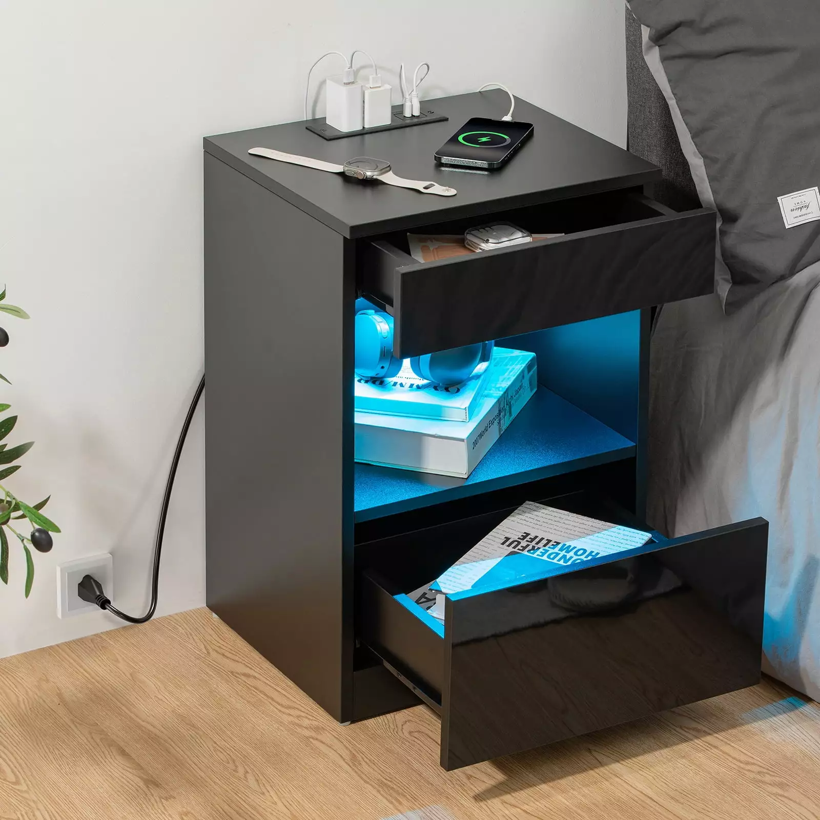 Hommpa Nightstand with Charging Station Nightstands with 2 Drawer Open Shelf Nightstands Black Nightstands High Gloss LED End Table Nightstands for Bedroom Living Room Furniture 23.6 Tall