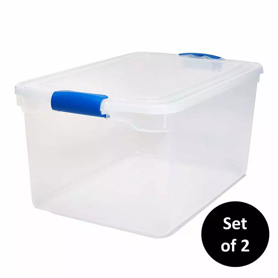 Homz 66 Quart Clear Latching Storage Container. Clear Base with Blue Latches. Set of 2