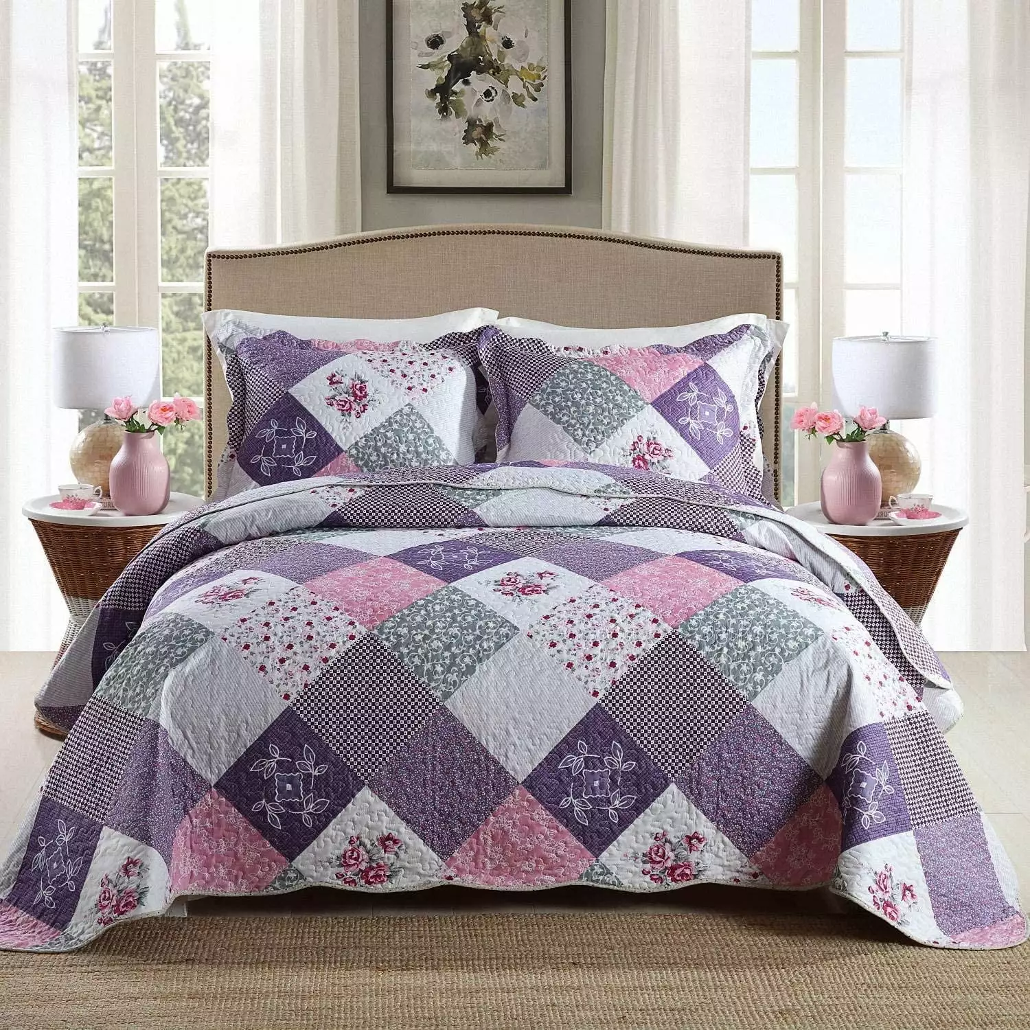 HoneiLife 3 Piece Quilt Set 100% Microfiber Bedspreads. Purple Rose Pattern. King size