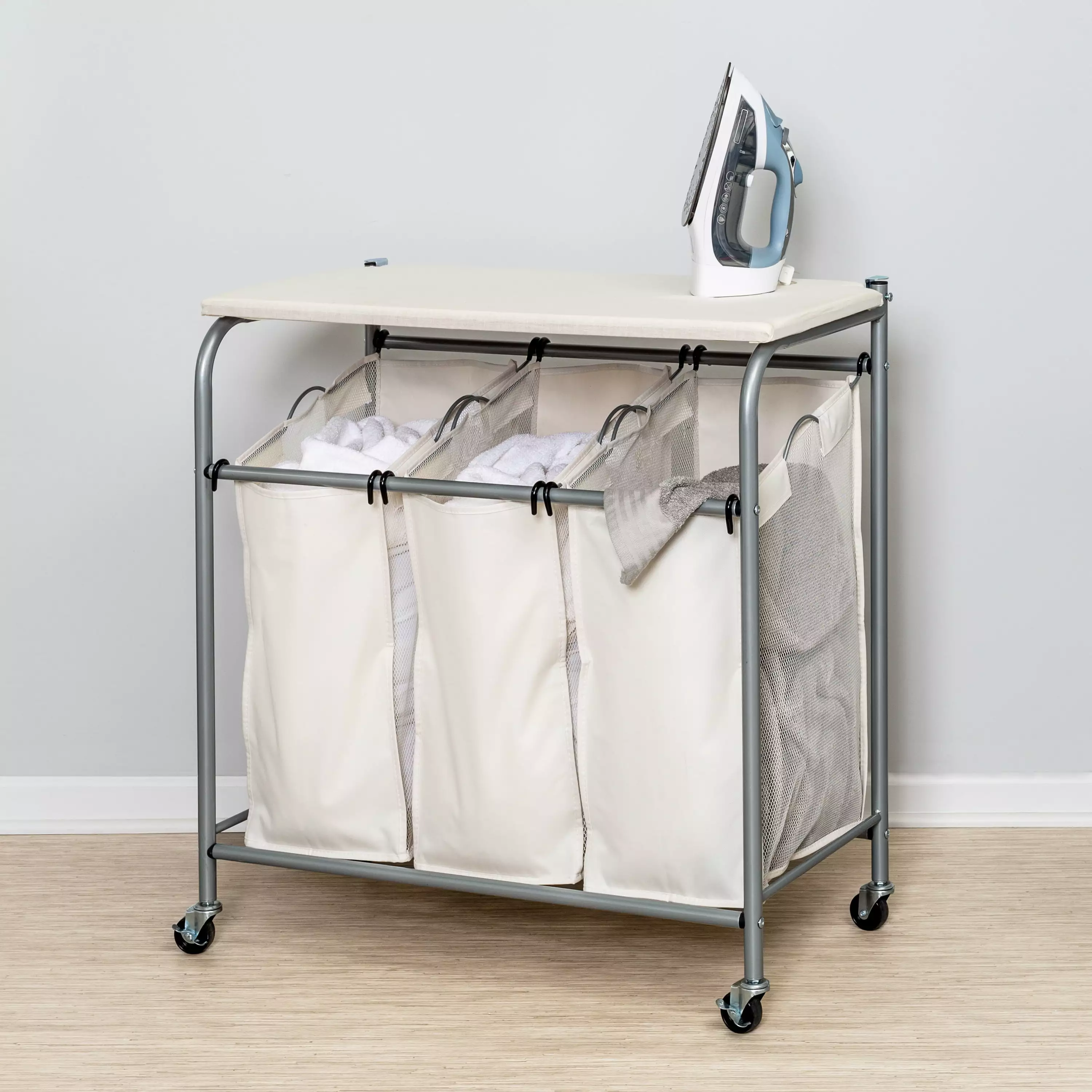 Honey-Can-Do 3 Bag Steel Rolling Laundry Sorter with Ironing Board Top. Silver/Natural