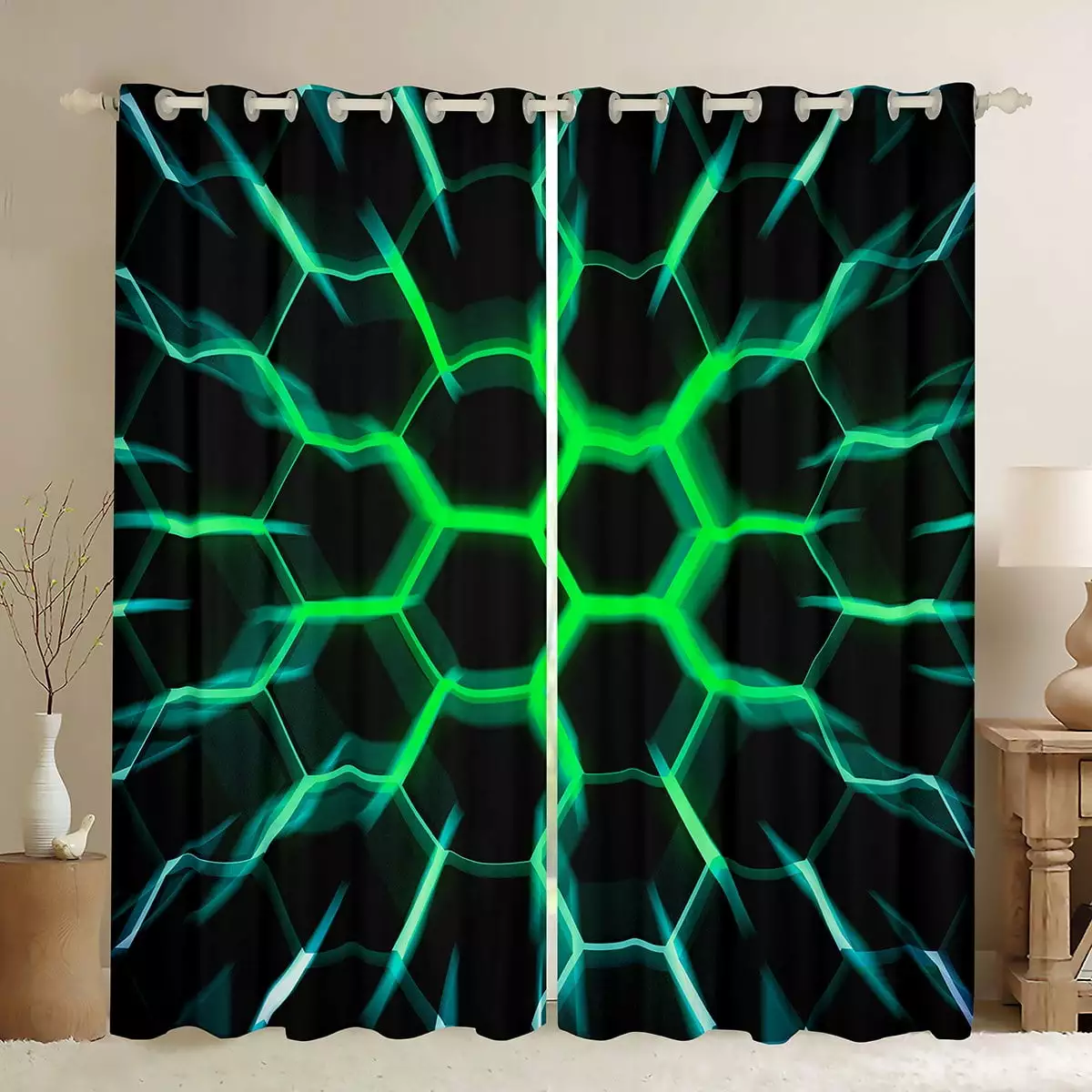 Honeycomb Blackout Curtains Black Green 3D Geometric Beehive Hexagon Curtains & Drapes Gamer Room Decor for Boys Kids.Window Curtains Hexagonal Window Treatments