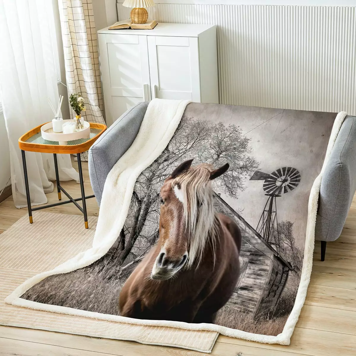 Horse Throw Blanket for Girls.Garden Windmill Decor Fleece Blanket Vintage Country Lodge Cabin Blanket 50x60 Western Animal Farm House Cottage Blanket.Western Home Decor Rustic Farmhouse Decor