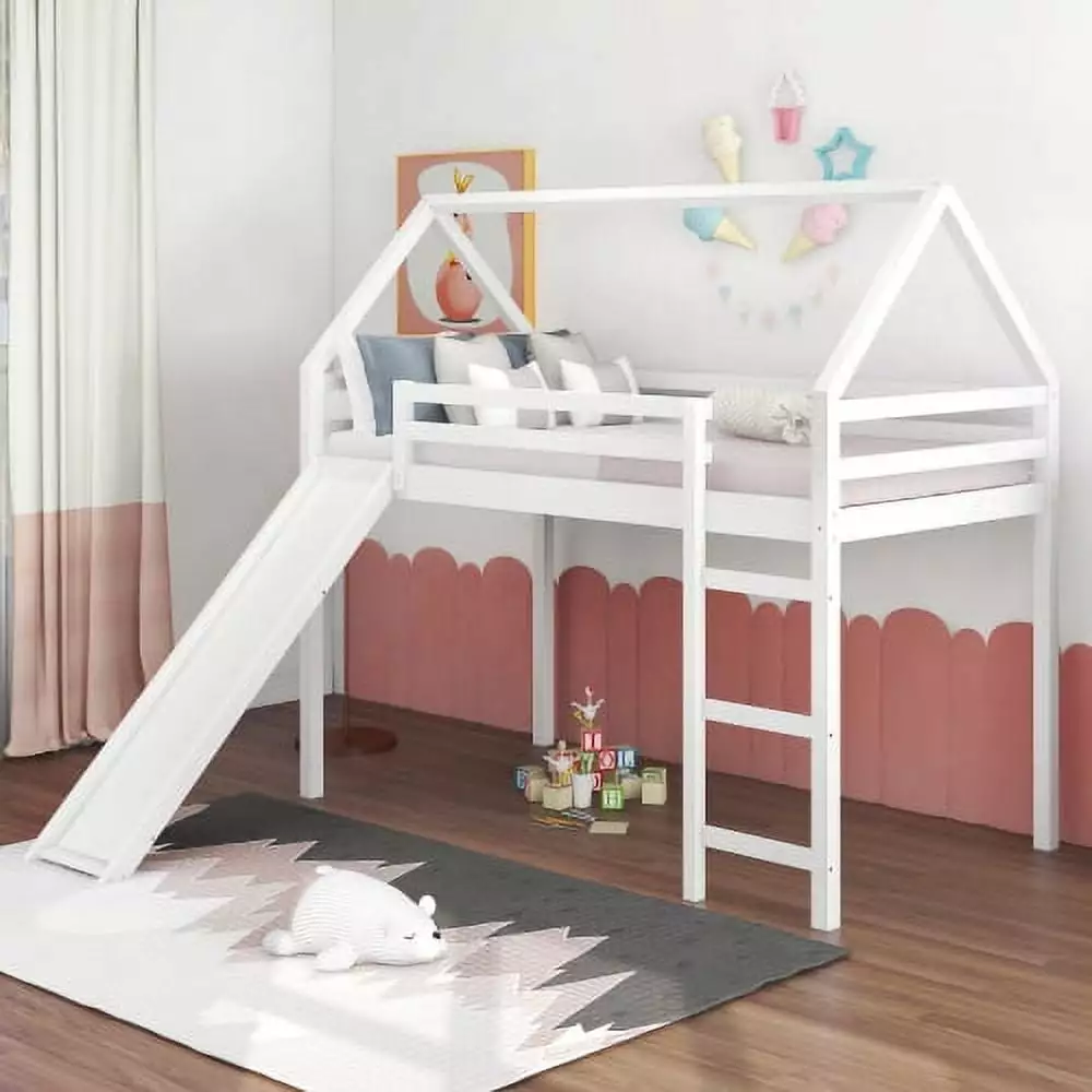 House Bed Loft with Slide Twin Loft Bed with Slide Wood Playhouse Loft Bed Twin Size for Kids. No Box Spring Needed White